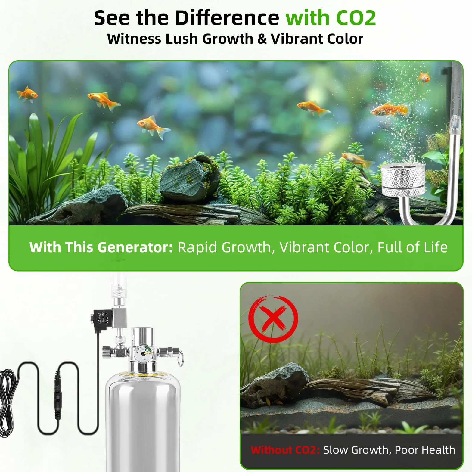 Kit Generador de CO2 para Acuario, Botella 2L Acero Inoxidable con Electroválvula y Contador de Burbujas