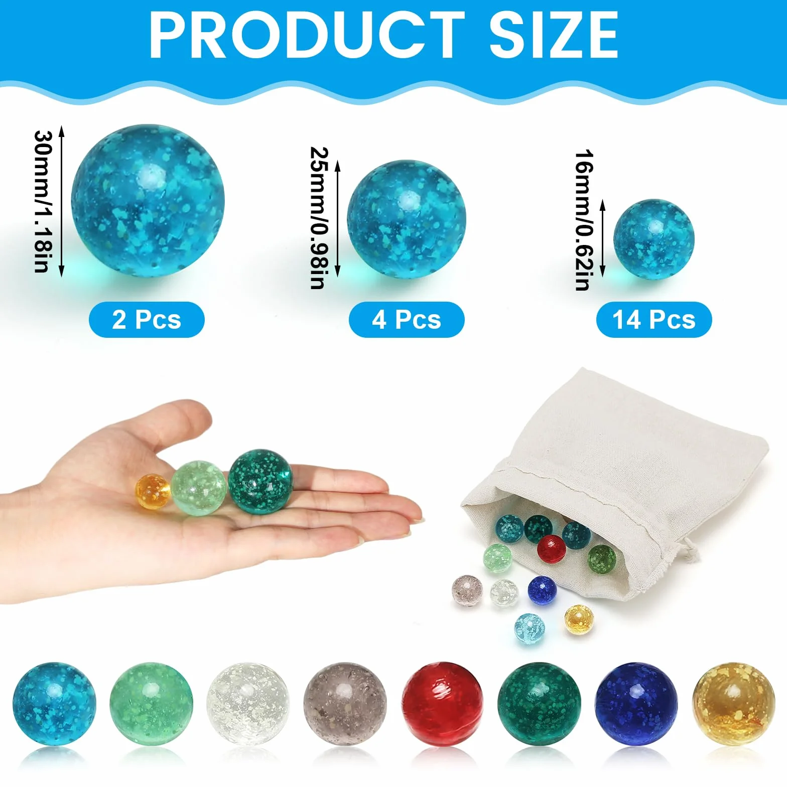 20 Canicas de Cristal, 16 mm/25 mm/30 mm, Brillan en la Oscuridad, Bolsa de Cordon, Juegos de Canicas, Proyectos de Bricolaje para Ninos, Decoracion del Hogar, A partir de 8 Años