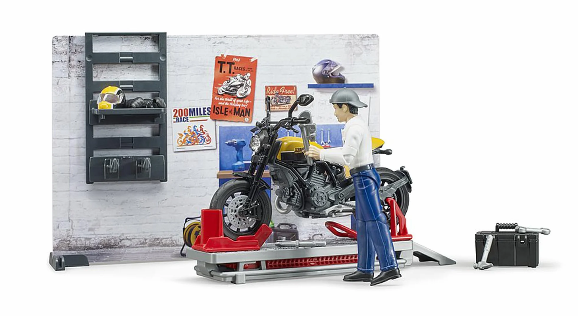 bruder 62102 - bworld taller de motos Scrambler Ducati Full Throttle con mecánico,taller, figura de juguete