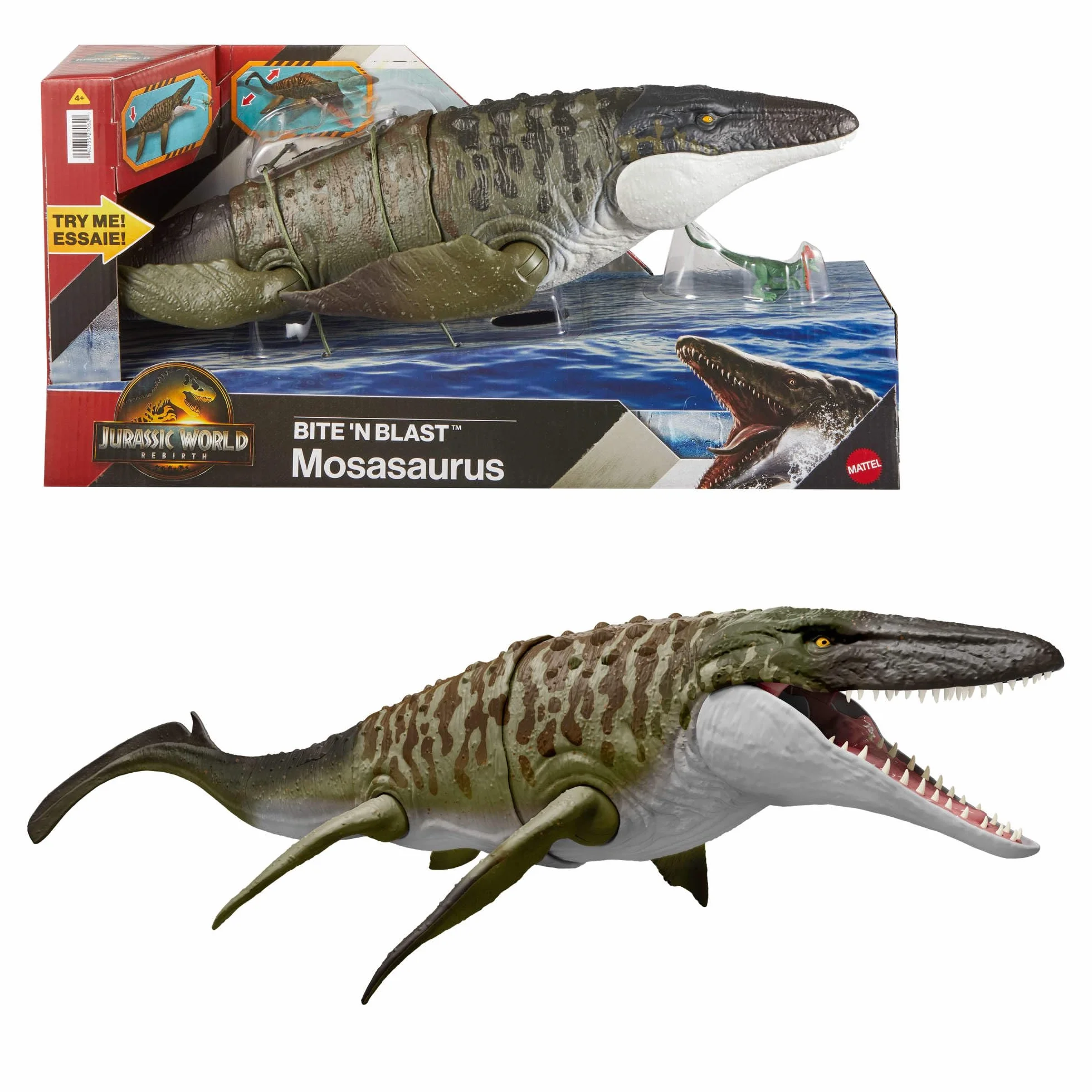 Mattel Jurassic World: El Renacer Mosasaurio Mordedor y minifigura de Dilofosaurio, figura articulada de dinosaurio JJP80