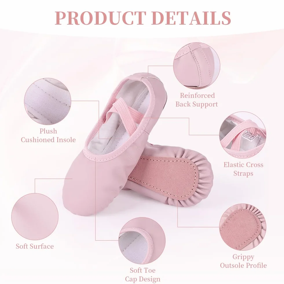 Zapatillas Ballet Niña, Zapatos de Danza Cuero Rosa, Suela de Cuero