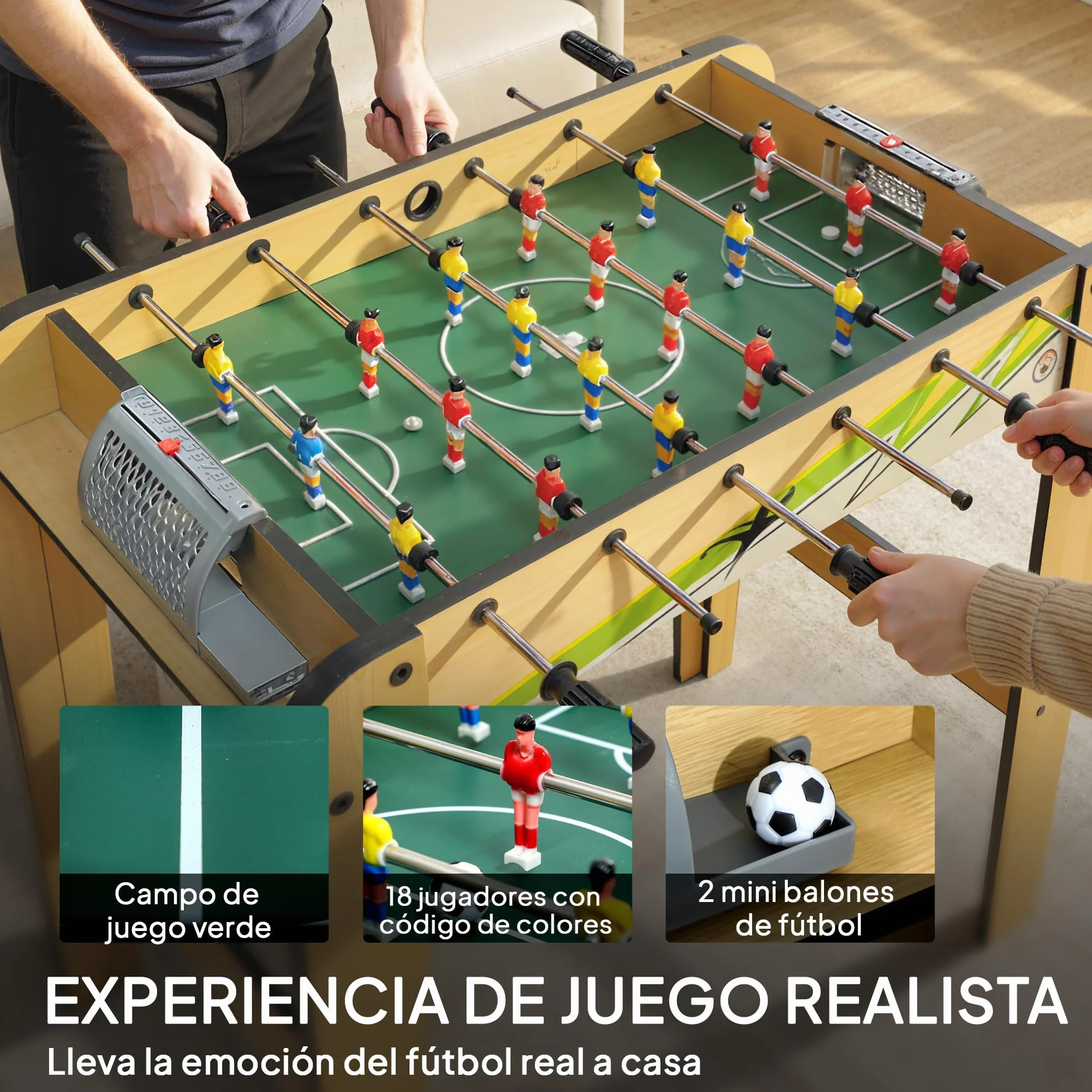 SPORTNOW Futbolín para Niños de Madera, Mesa de Futbolín con 2 Marcadores, 6 Asas, 18 Jugadores, 6 Barras y 2 Bolas, Regalo para Adultos, Familias, Fiestas, 75x66x75 cm, Natural