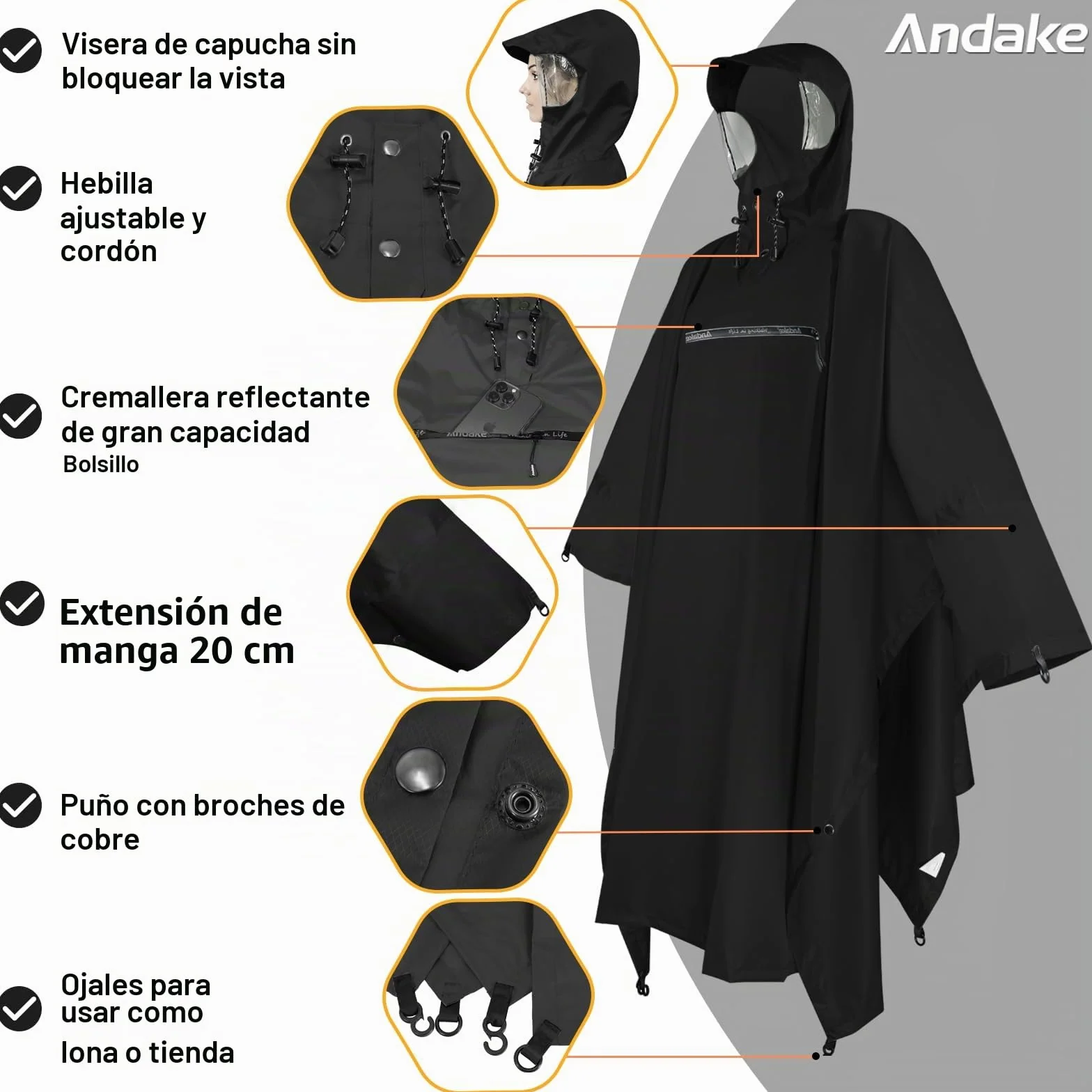 Andake Poncho de Lluvia Impermeable Ligero Multifuncional para Senderismo Ciclismo