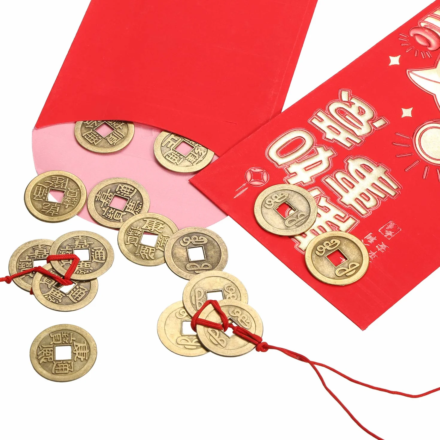 50 Piezas 1 Pulgada de Moneda Feng Shui China Moneda I Ching y 5 Juegos de Moneda de Riqueza con Cuerda Roja para Riqueza y Buena Suerte