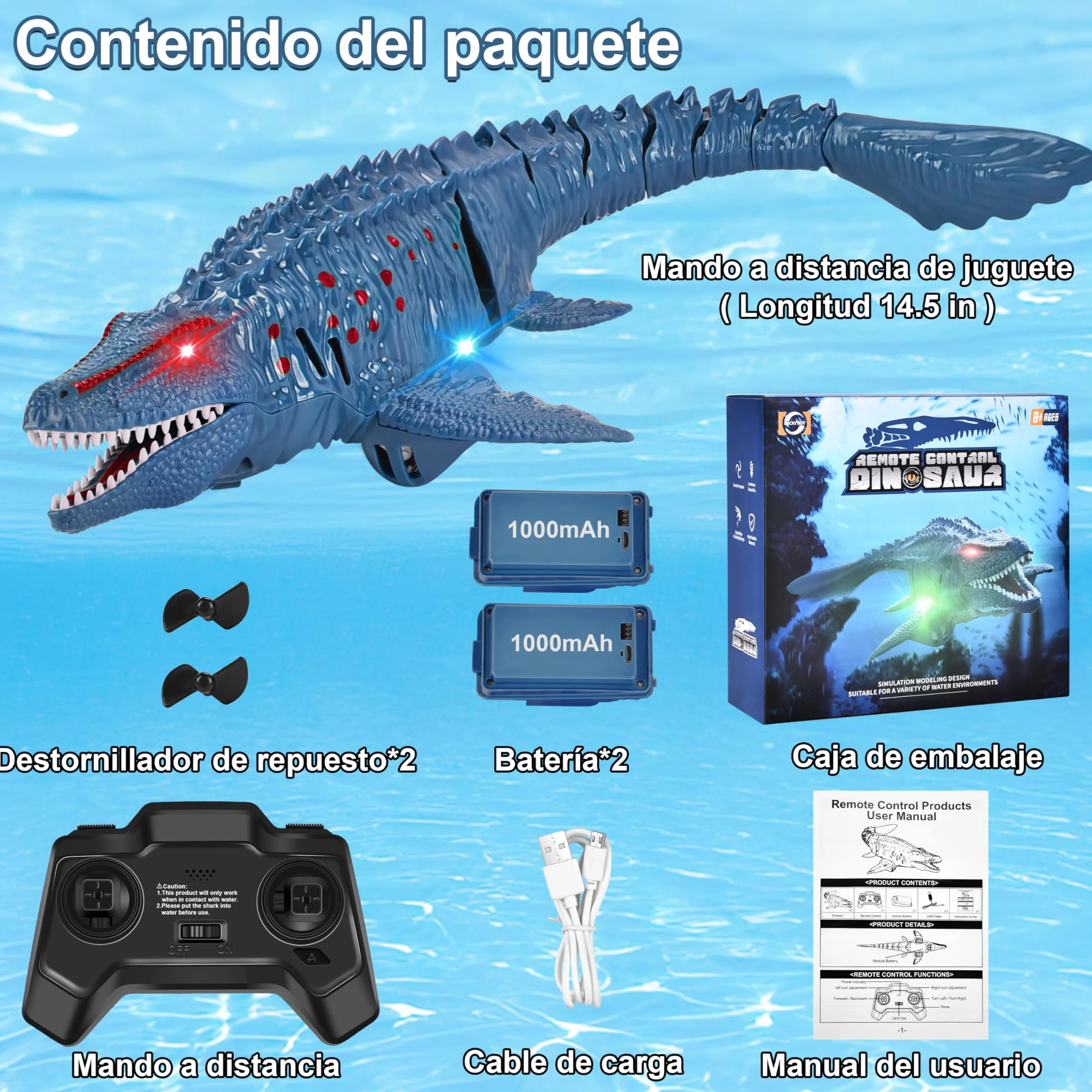 IEEILULU Barcos Teledirigido RC Mosasauru, 2.4GHz Barco Tiburón Dinosaurio Eléctrico con Luces y USB, Juguete Acuático Teledirigido, Regalo para Niños Mayores de 8+ Años Piscina y Lagos (Azul)
