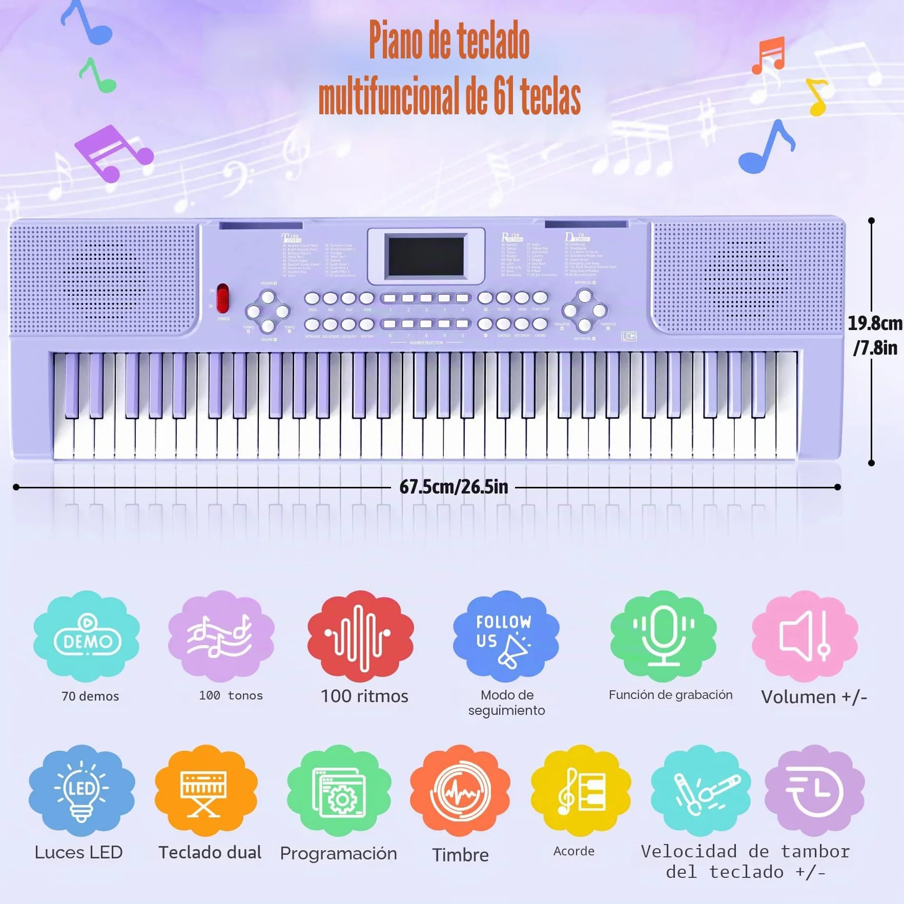 Piano digital electrónico para niños con teclas iluminadas, portátil, de 61 teclas, juguete musical educativo para principiantes con atril y micrófono. (Púrpura)