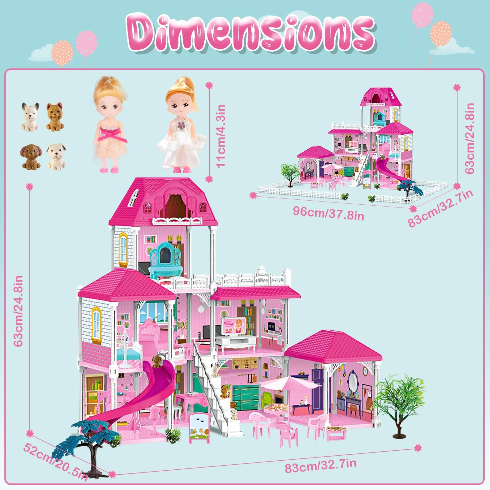 deAO Casa de Muñecas, 3-stöckige Grande Dream Doll House (83 * 52 * 63cm) con Accesorios 2 Muñecas, 4 Figuras Perros Miniatura, Muebles, Toboganes, Casita de muñecas para niñas(Dollhouse Plastico)