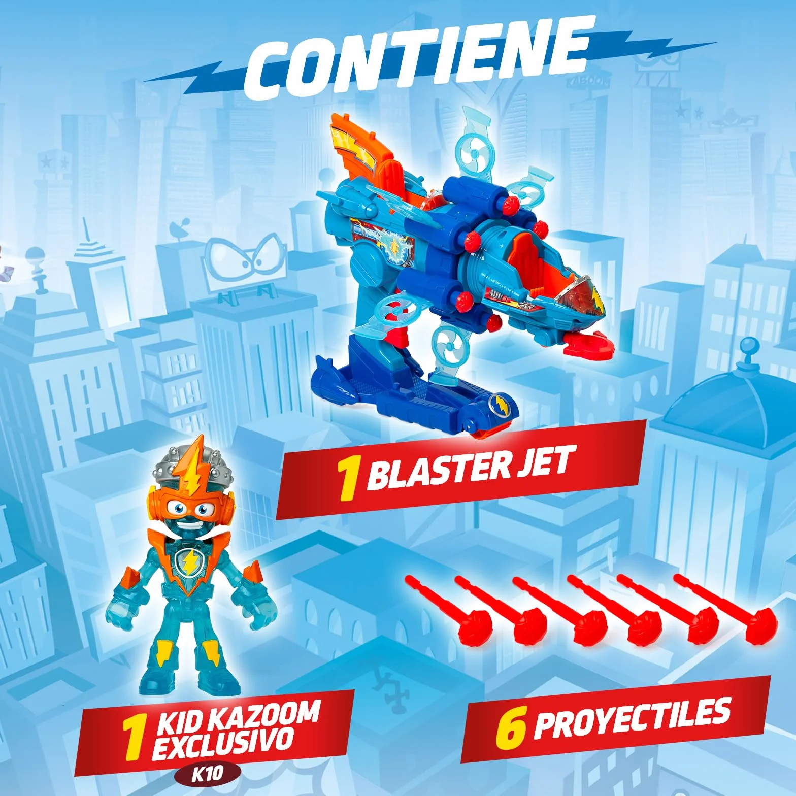 SUPERTHINGS KAZOOM Power – Vehículo Multi-acción de la Serie de TV ''Kazoom Power'', Contiene 1 Blaster Jet, 1 Kid Kazoom Exclusivo y 6 Proyectiles