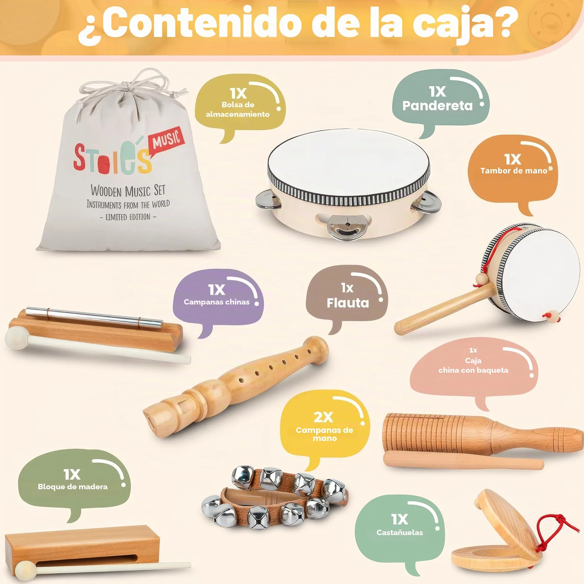 Set de Instrumentos Musicales de Madera Stoie’s para Niños de 1-9 Años – Tambor, Flauta, Maracas, Campanitas, Castañuelas, Pandereta, Juguete Montessori Educativo, Seguro, con Bolsa de Algodón