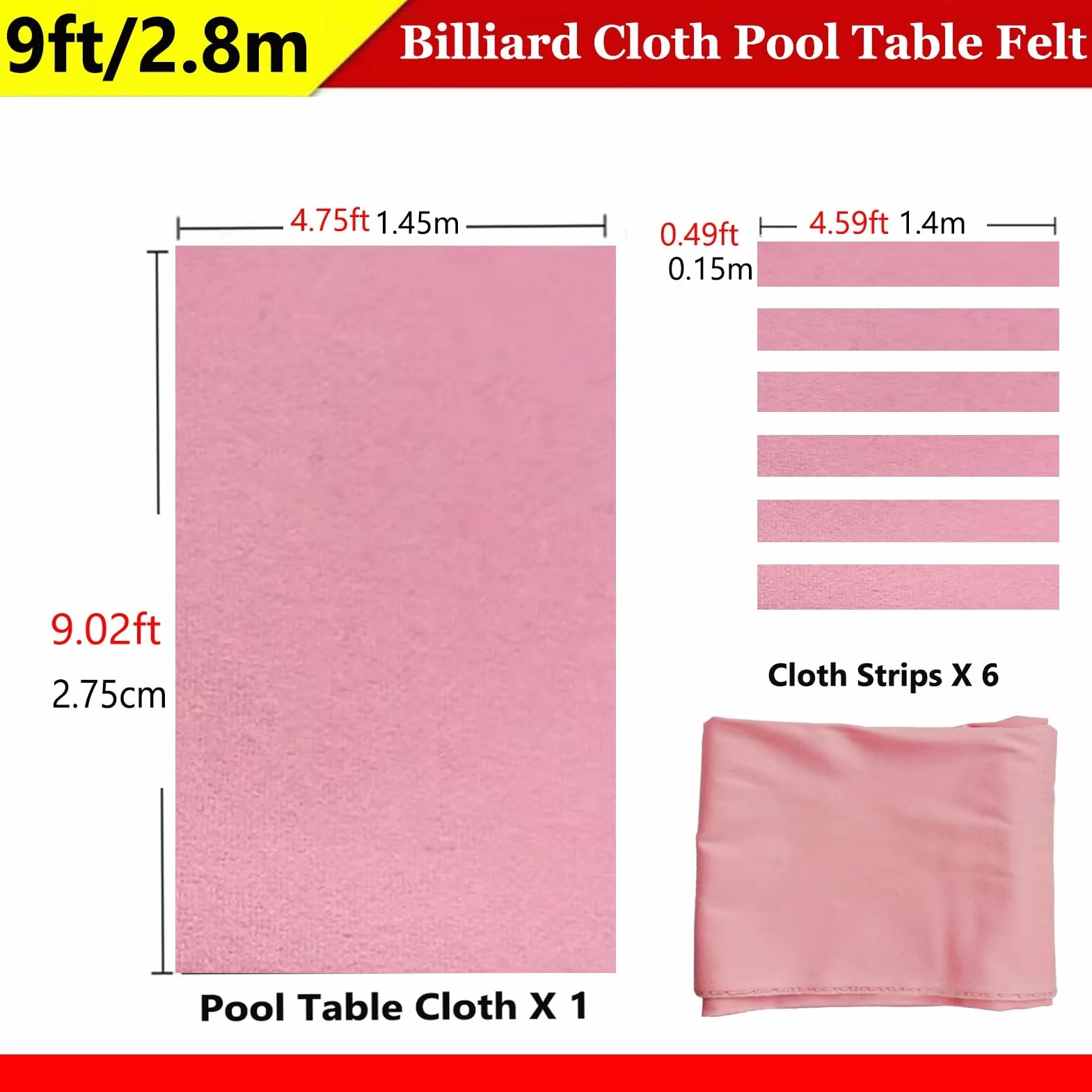 Fieltro para Mesa de Billar Americana de Nueve Bolas, Tela Precortada Rosa con 6 Tiras