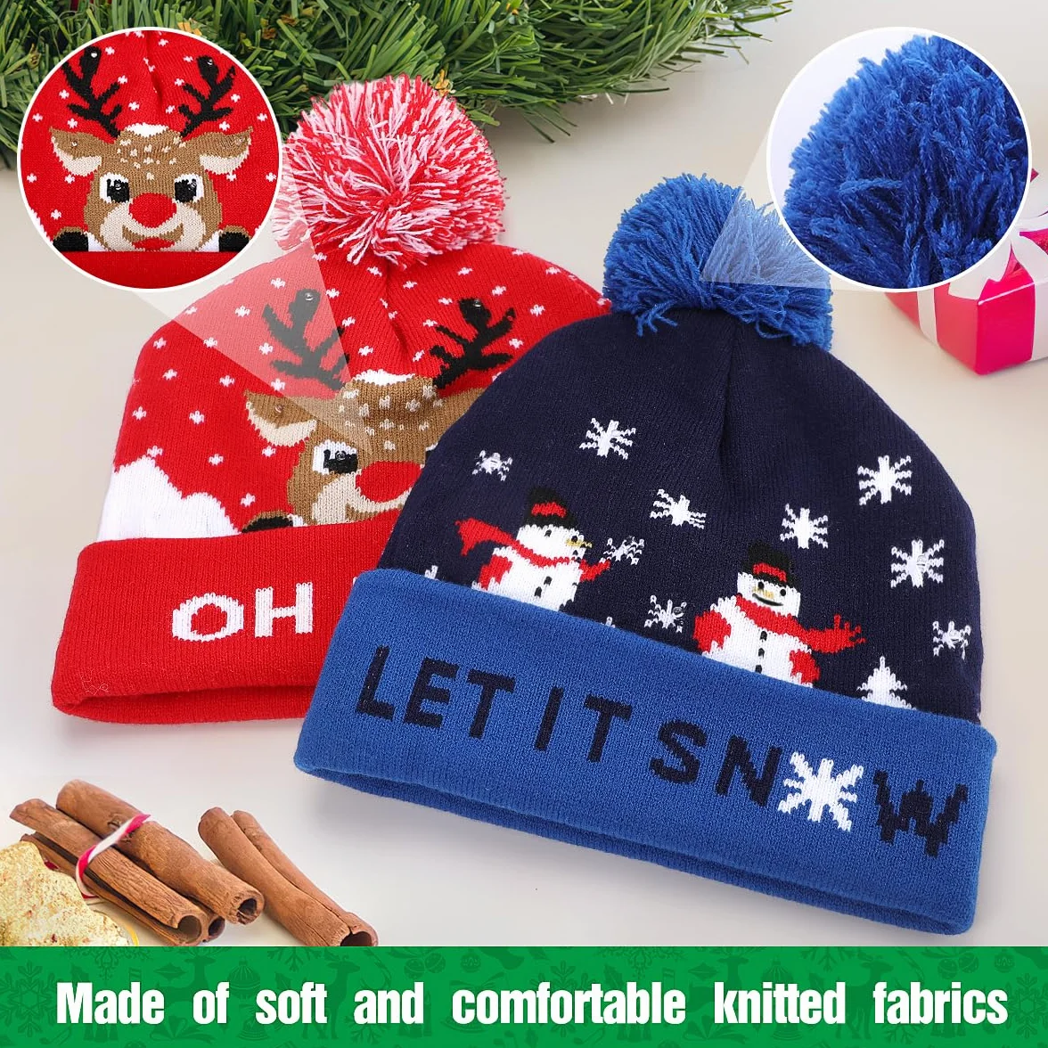 Sombrero de Navidad de punto LED, 2 piezas de gorro de Navidad Gorro de invierno, nieve, vacaciones, para niños, hombres, mujeres, niños, niñas, festival de Navidad, fiesta de cumpleaños