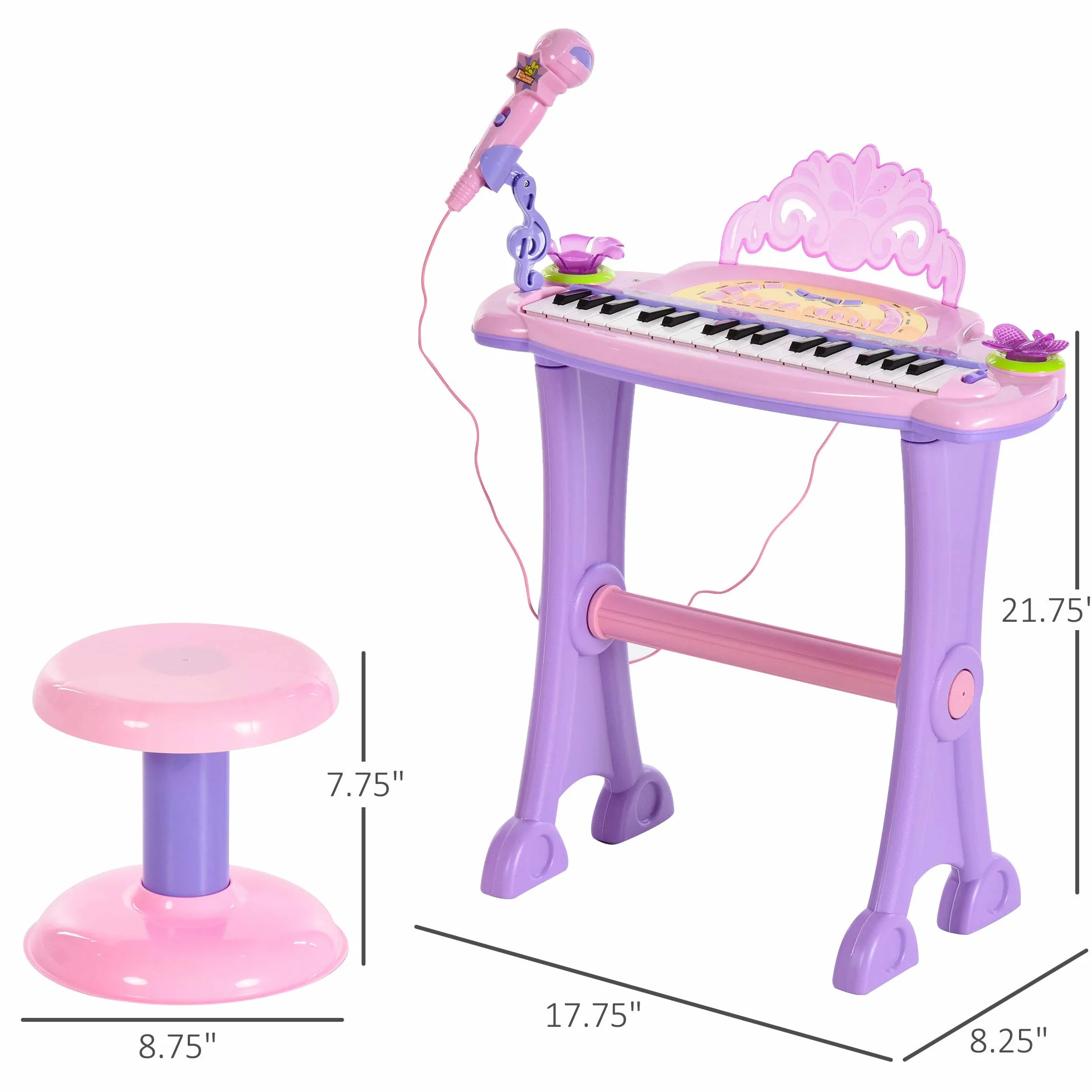 HOMCOM Teclado Electrónico Infantil 32 Teclas Juguete Musical Piano Infantil Piano para Niños con Micrófono Taburete Luces Variedad Sonidos Rítmos Melodias MP3 Karaoke Modo de Enseñanza Rosa