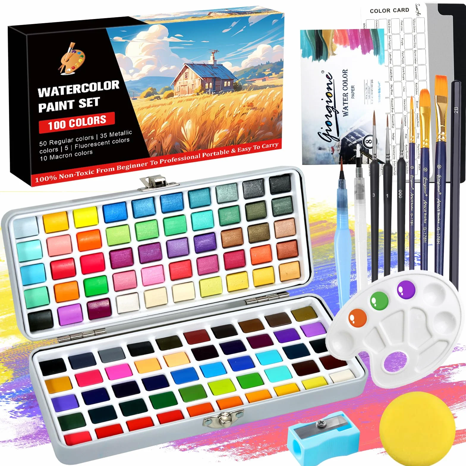 UCAMP Kit Acuarelas 100 Colores en Estuche Portátil,Juego de Acuarelas,Set De Pintura De Acuarela con Pincel y Papel de Acuarela,Watercolor, Acuarelas de Viaje,para Artistas y Pintores Aficionados