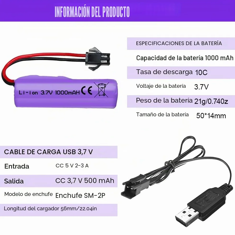 2 Piezas de 1000mAh 3.7V RC Batería, Baterías de Litio Recargables con Cable de Carga UBS Conector SM-2P, Batería Li-Ion Universal Compatible para Vehículos RC, Barcos, Tanques, Coches, Robots