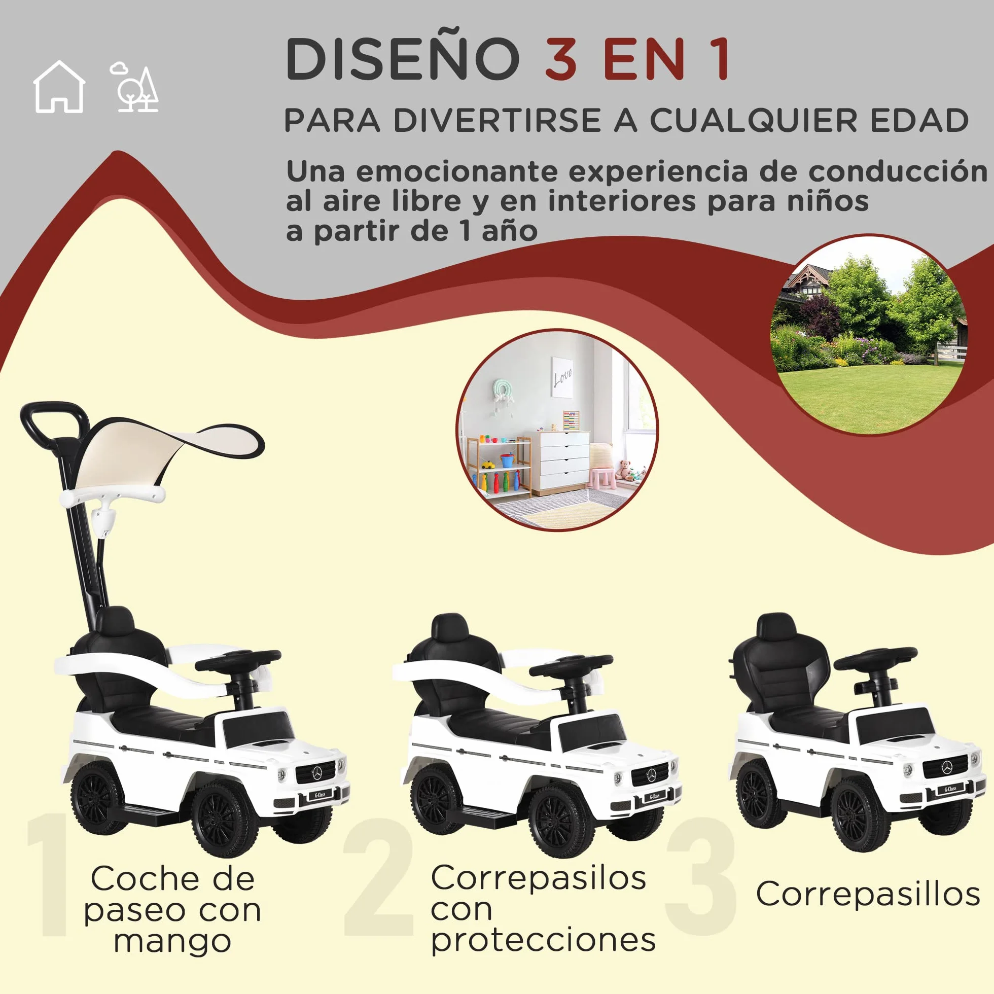 HOMCOM Correpasillos para Niños con Licencia Mercedes G350 Coche Correpasillos para Niños de 1-3 Años con Bocina Capota Extraíble y Barandilla Carga 25 kg 85,5x40,5x95 cm Blanco