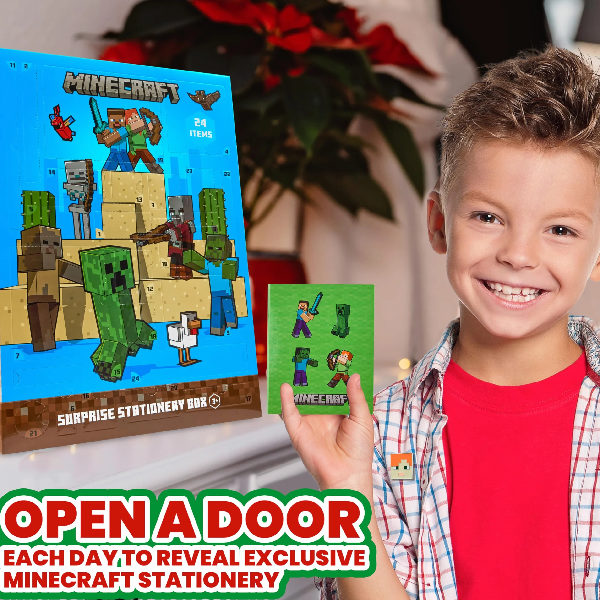 Minecraft Calendario Adviento 2025 Creeper Calendário Cuenta Atrás para Navidad Material Escolar Papelería y Accesorios Bolígrafos Pegatinas Llavero (Azul)