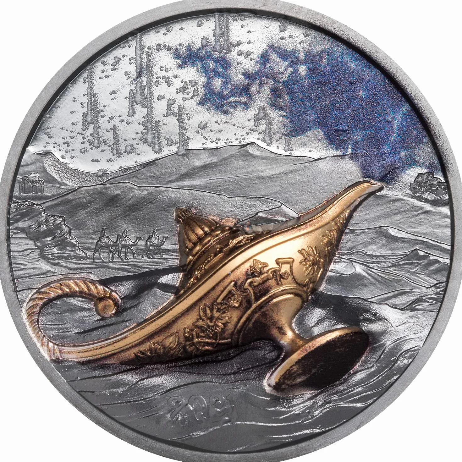 IMPACTO COLECCIONABLES Moneda Magical Lamp 1001 Nights – Las 1001 Noches 1 Oz Plata Pura. Palau 2021 Edición Limitada con Certificado numerado