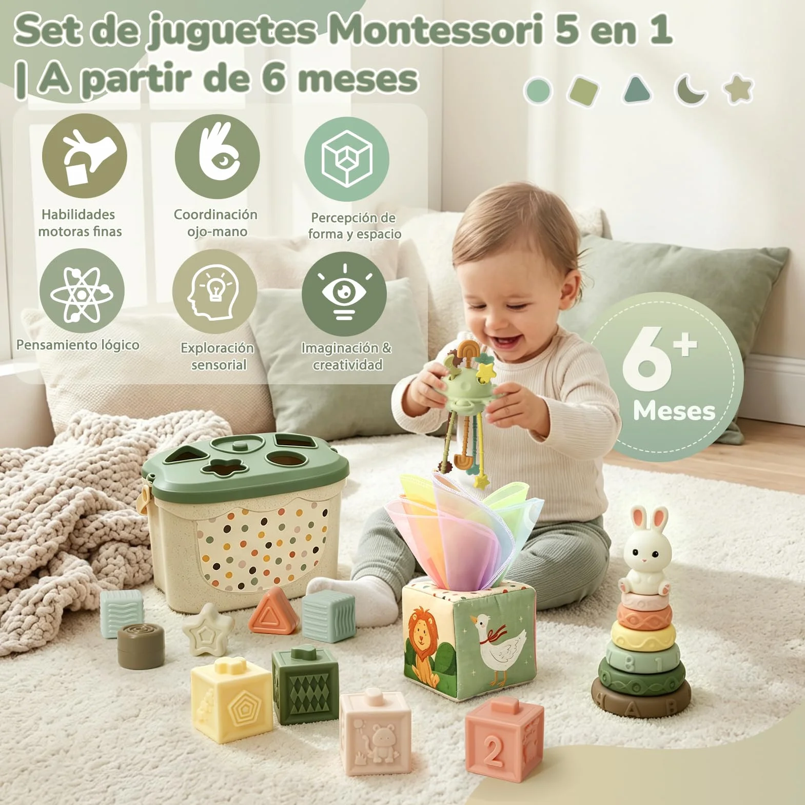 Juguetes Bebes 6 Meses, 5 en 1 Juguetes Montessori Bebes 6-12 Meses con Caja Pañuelos Bebe, Clasificación y Apilamiento de Formas, Bebe Mordedor & Educativos, Regalos Bebés Montessori 7 8 9 Meses