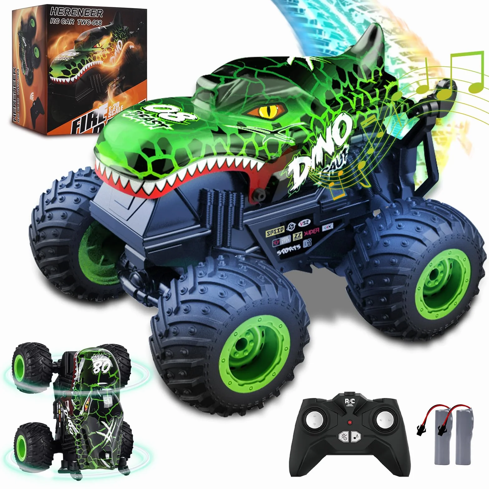 IEEILULU Coche teledirigido dinosaurio, todo terreno RC Cars con rotación de 360°, luz LED, RC Monster truck recargable, juguete de dinosaurio, regalo para niños a partir de 3, 4, 5, 6, 8, 10 años