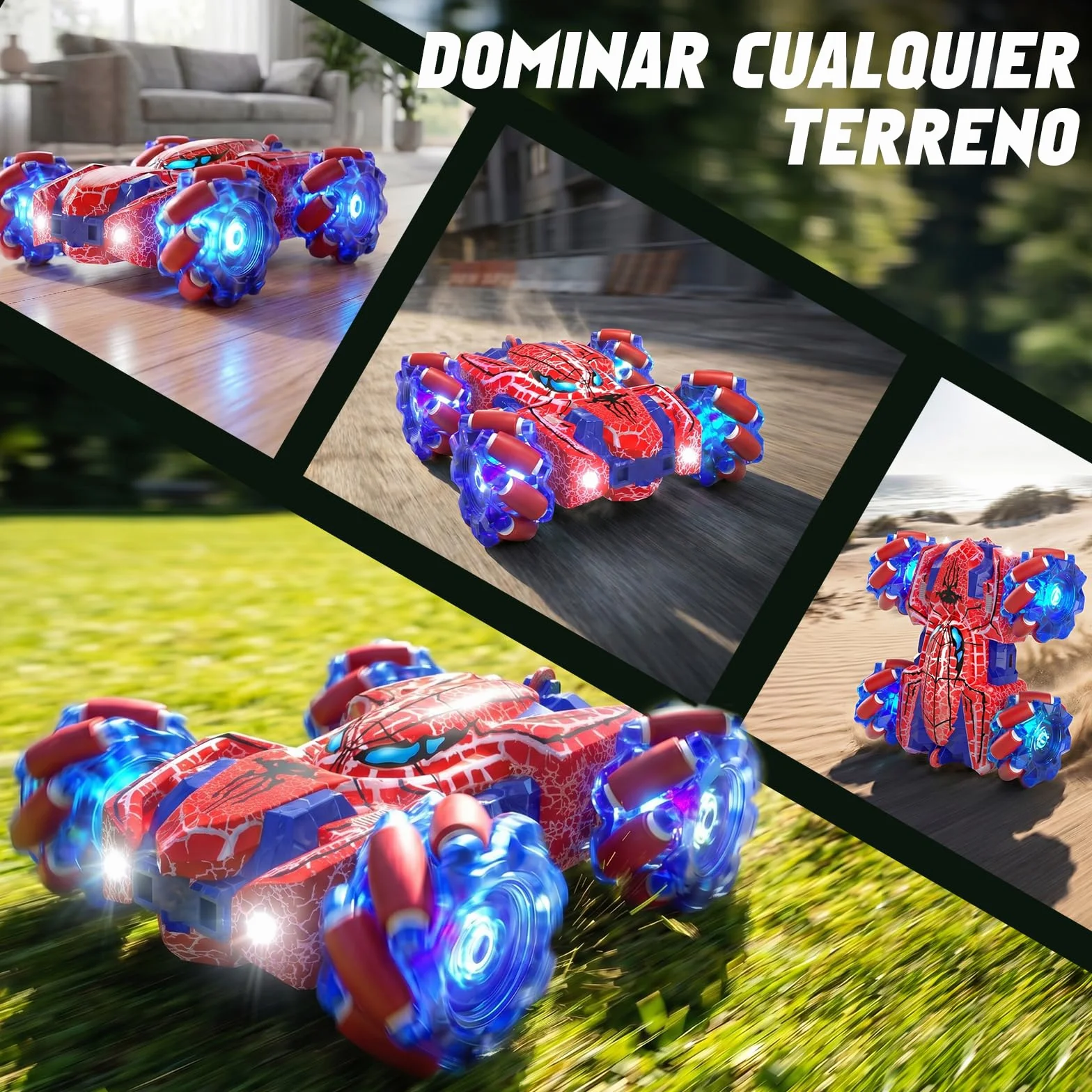 Spider Coche Teledirigido con Reconocimiento de Gestos a Partir de 4 5 6 7 8 9 10 11 12 años, Coches RC Doble Cara con Iluminación Completa, 2,4 GHz Coche Stunt RC Recargable con Mando a (Rojo)