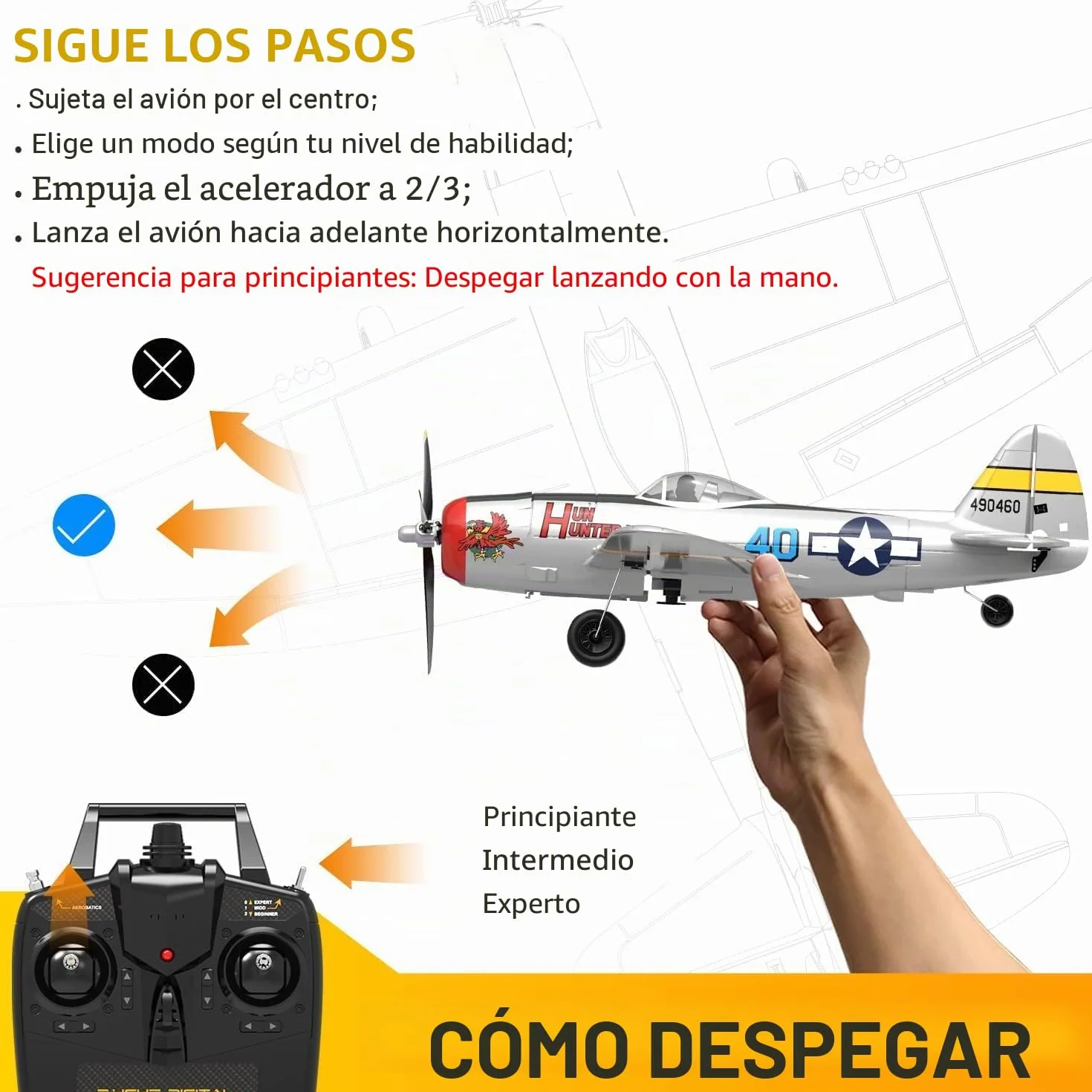 volantexrc P-47 Thunderbolt Avión RC - 4 Canales 2.4GHz RTF con Estabilización 6 Ejes, Modelo de Combate para Principiantes y Expertos (Listo para Volar)