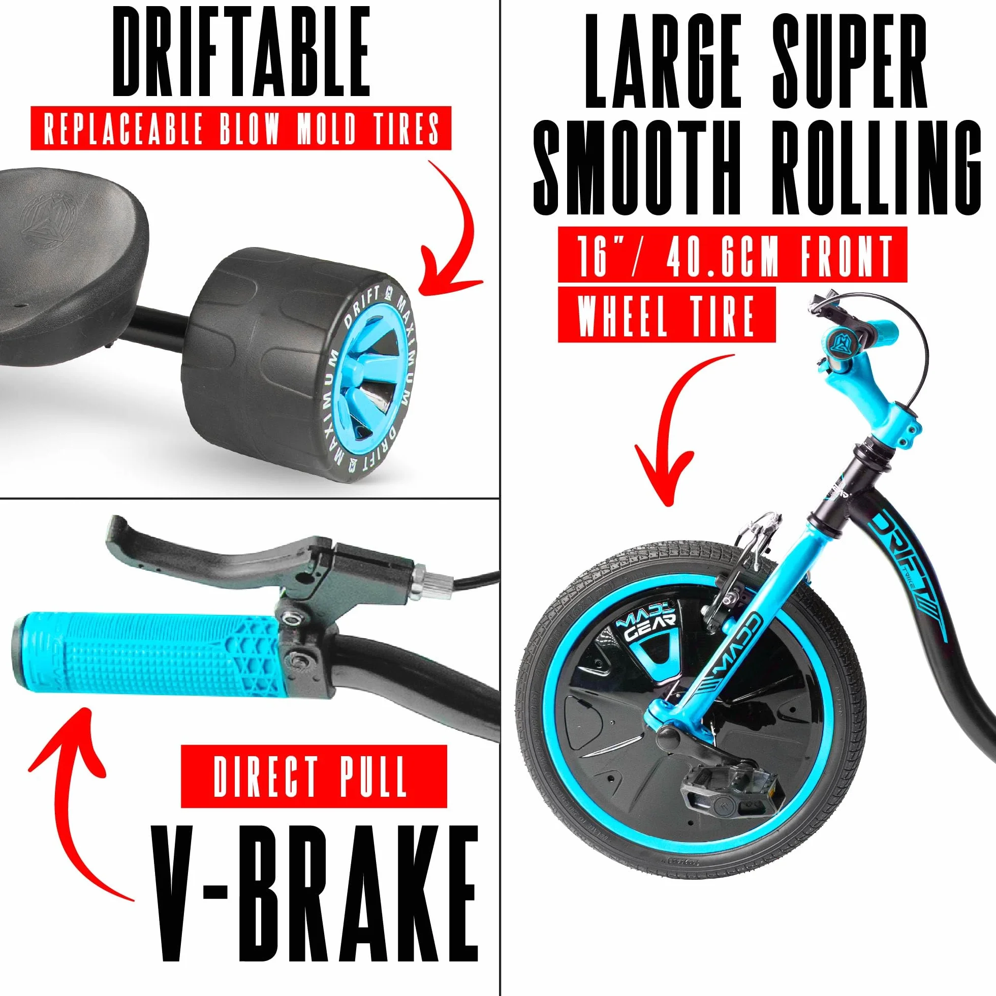 Drift Trike para niños a partir de 5 a 16 pulgadas con rueda grande con asiento ajustable, marco de acero, ruedas traseras y bandera de seguridad, Madd Gear (negro azul)
