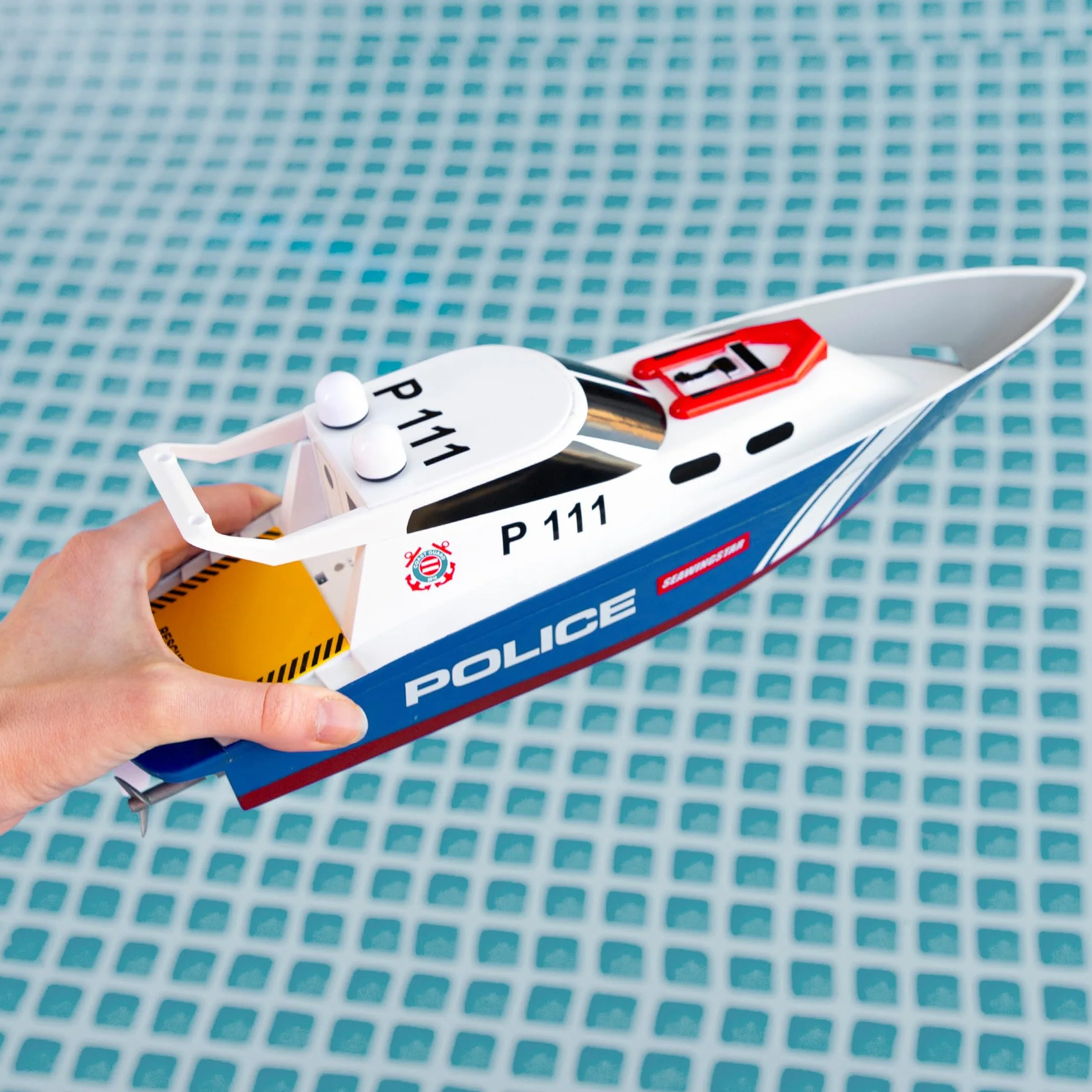 ColorBaby 47674 Racing Boat Lancha radiocontrol policía, 36x10x10 cm, Mando Control Remoto, 6 direcciones, 2.4 GHz, Alcance 35-40 m, Barco RC, Juguetes radiocontrol, Juguetes para niños, +4 años