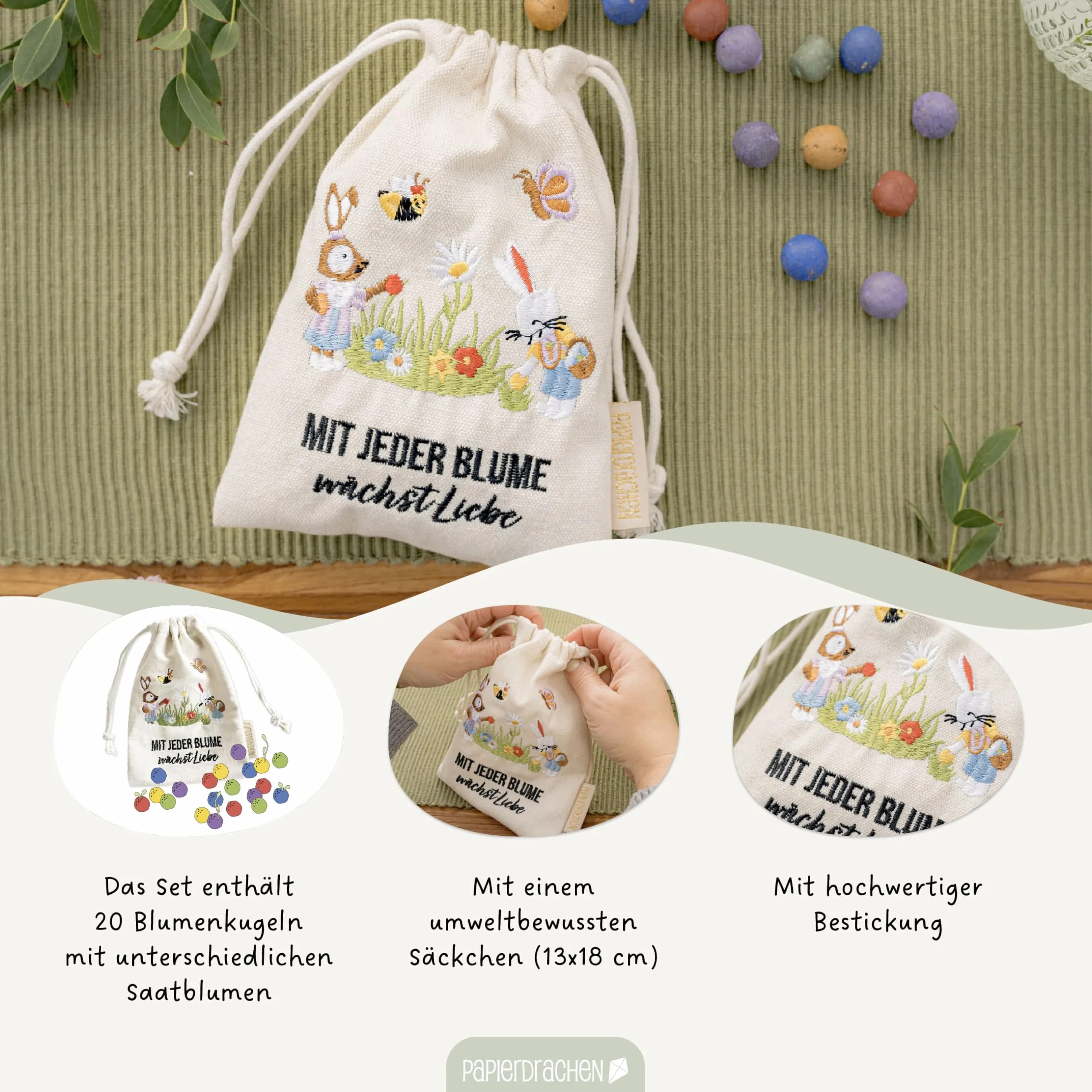 Papierdrachen 20 bolas de flores con saquito de conejo de Pascua – Semillas de flores – Pascua – Bordado colorido – Abejas – Regalo sostenible