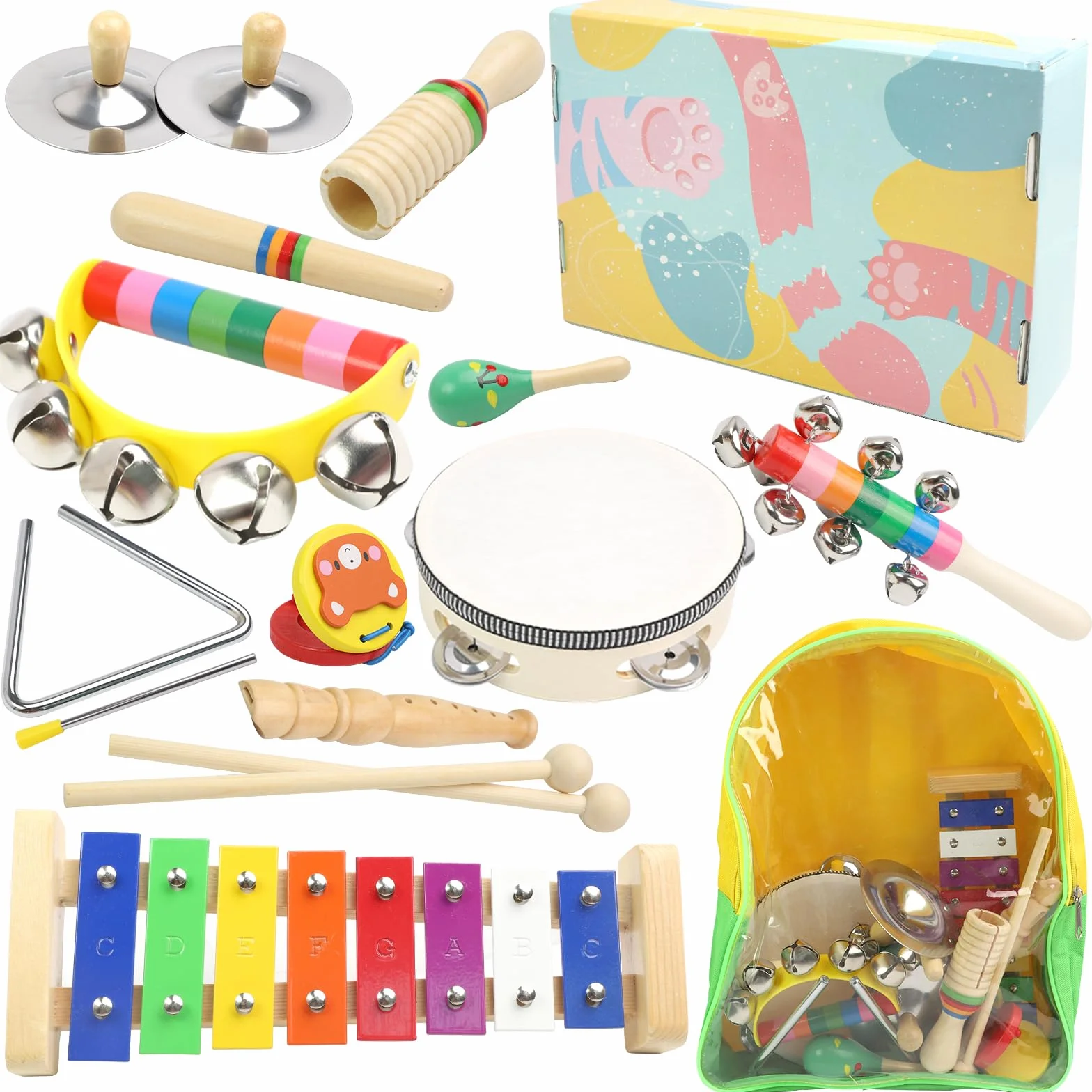Instrumentos Musicales para bebés, Juguetes Montessori, Instrumentos Musicales de Percusión de Madera de Colores del Arcoíris con Bolsa de Almacenamiento Transparente
