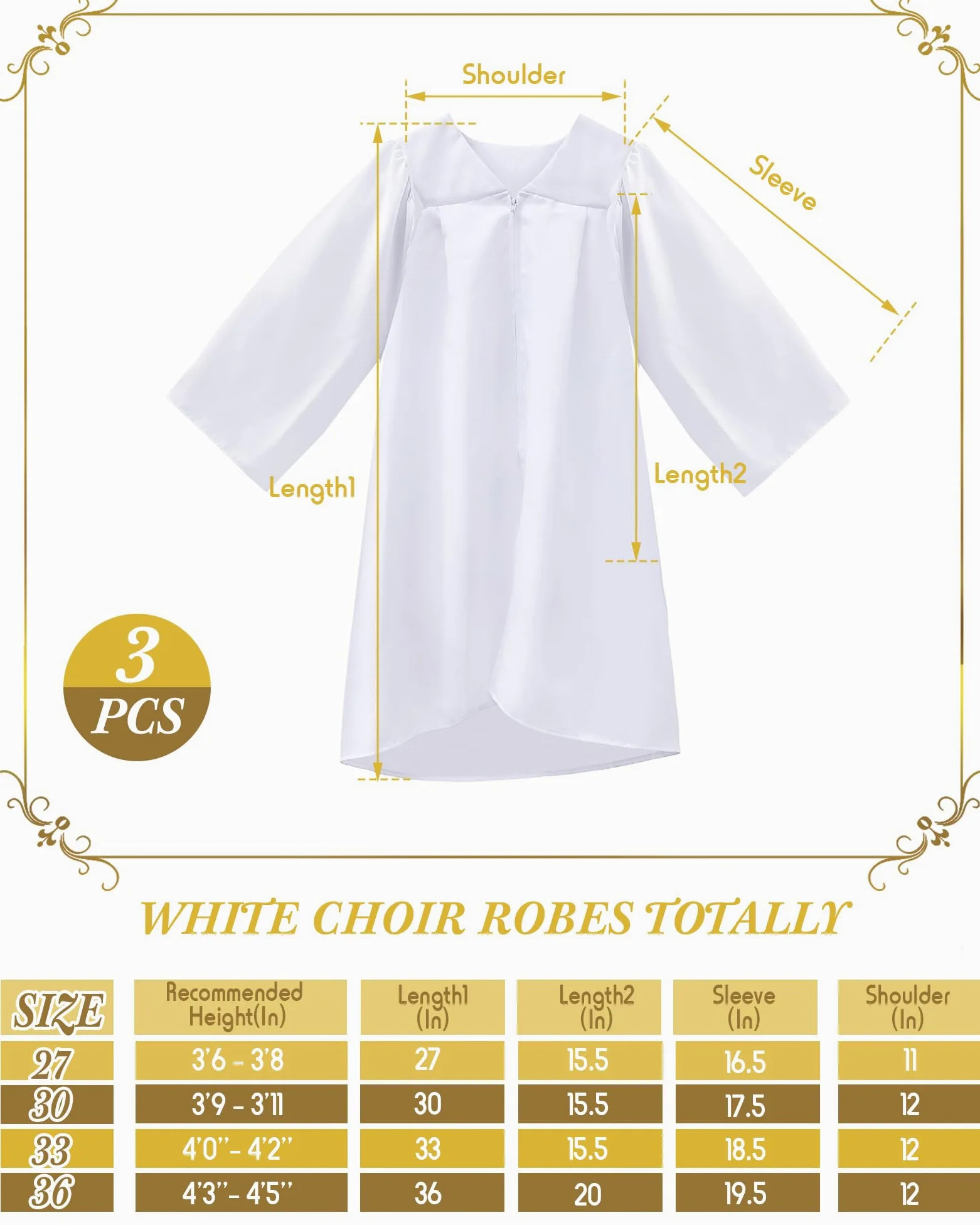 Toulite 3 piezas unisex mate batas de coro para niños, vestido de graduación para juez escolar, disfraz para bautizo, iglesia, evento, pastor