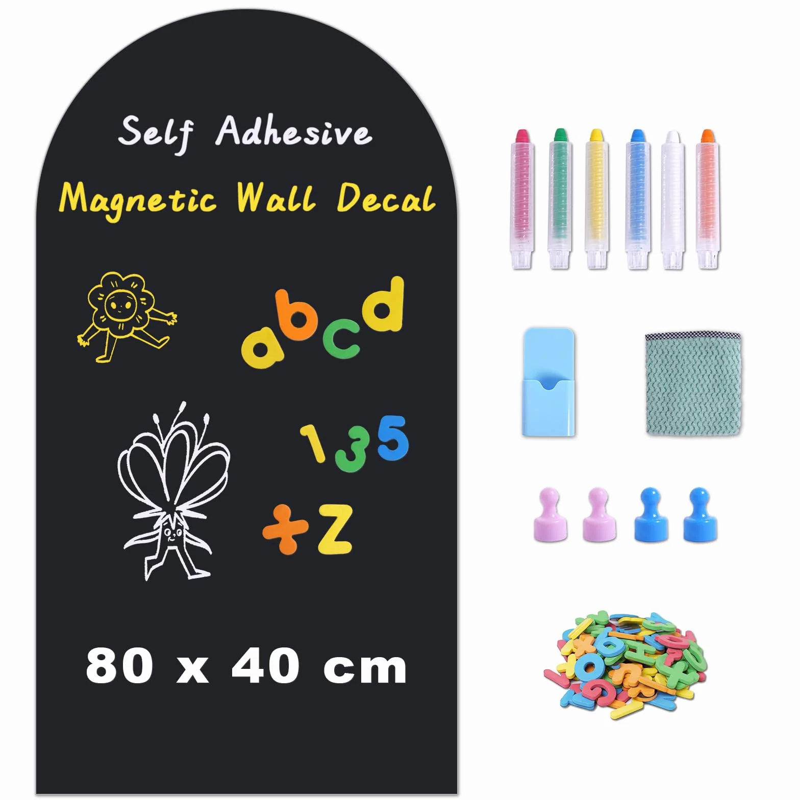 Pizarra Magnética Adhesiva de Pared Diseño Arco 80 x 40 cm – Pizarra Negra Borrable en Seco con Superficie Magnética, Incluye Tizas, Imanes y Paño – Hogar, Escuela y Oficina (Negro)