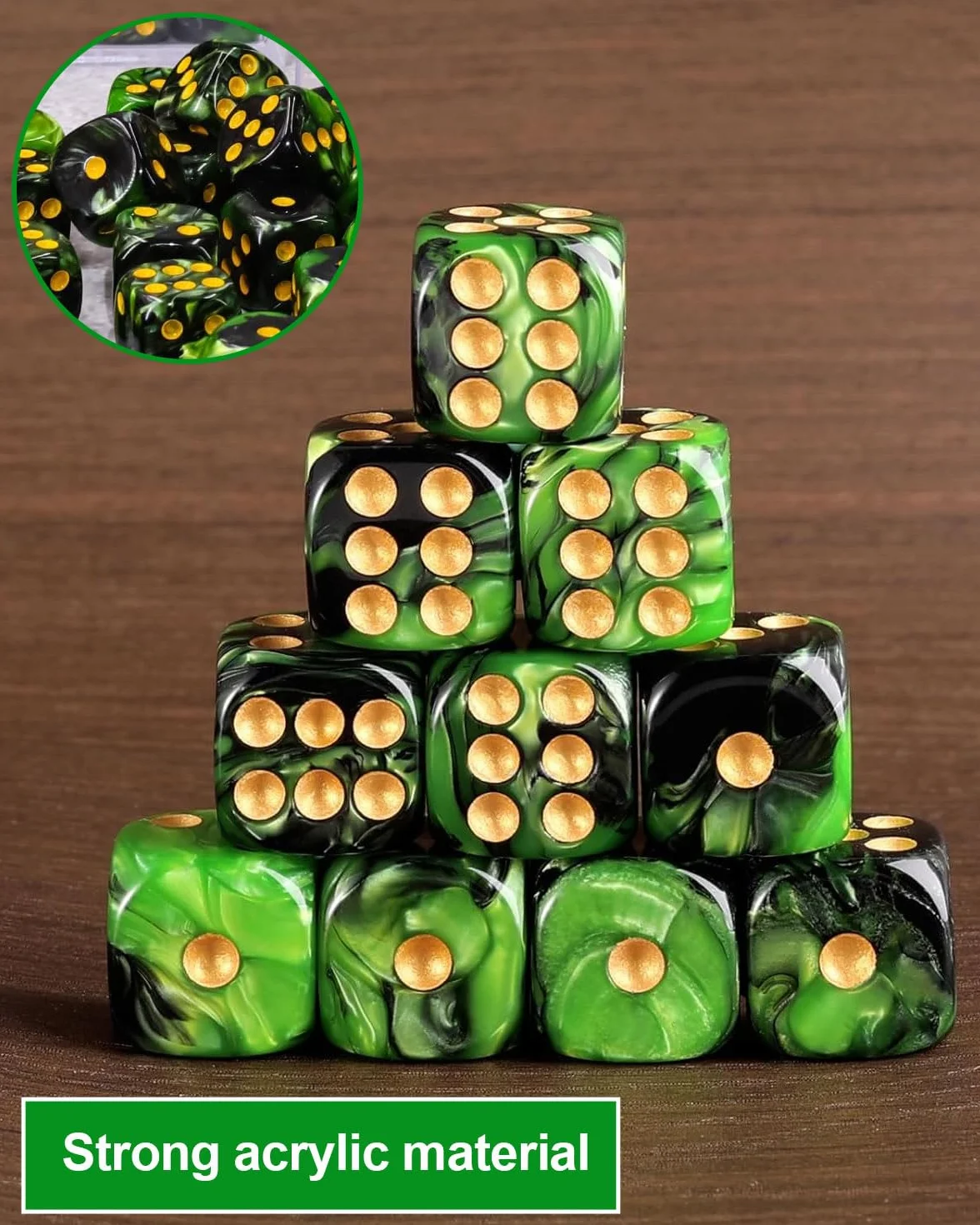 10 PCS Dados,16mm D6 Dado Acrílicos,Dados Verde-Negro con Bolsa de Tela,para Juegos de Mesa,Rol,Mesa,Lecciones de Matemáticas