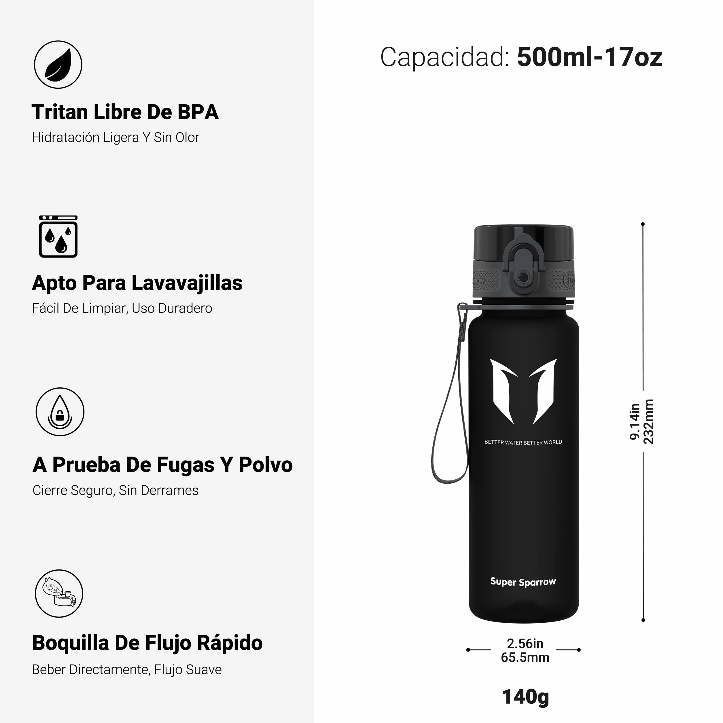 Super Sparrow Botella de Agua Deportiva Sin BPA 350ml 500ml 750ml 1000ml