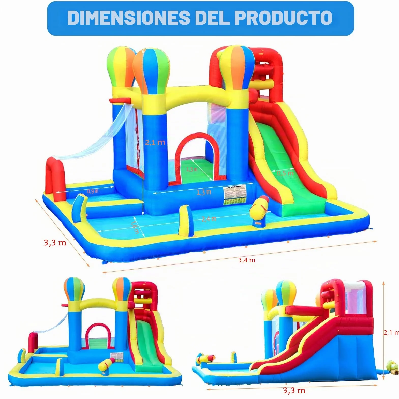 Baralir Castillo Hinchable para Interiores, tobogán seco y Agua, Adecuado para niños de 3 a 8 años, Castillo Hinchable para Exteriores con Ventilador, 343 x 338 x 202 cm