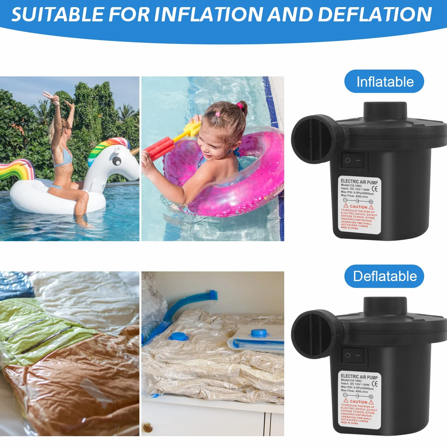 Bomba De Aire Eléctrica Portátil 240V AC 12V DC para Colchones Inflables Piscinas Barcos Juguetes Hinchable Camping 3 Accesorios