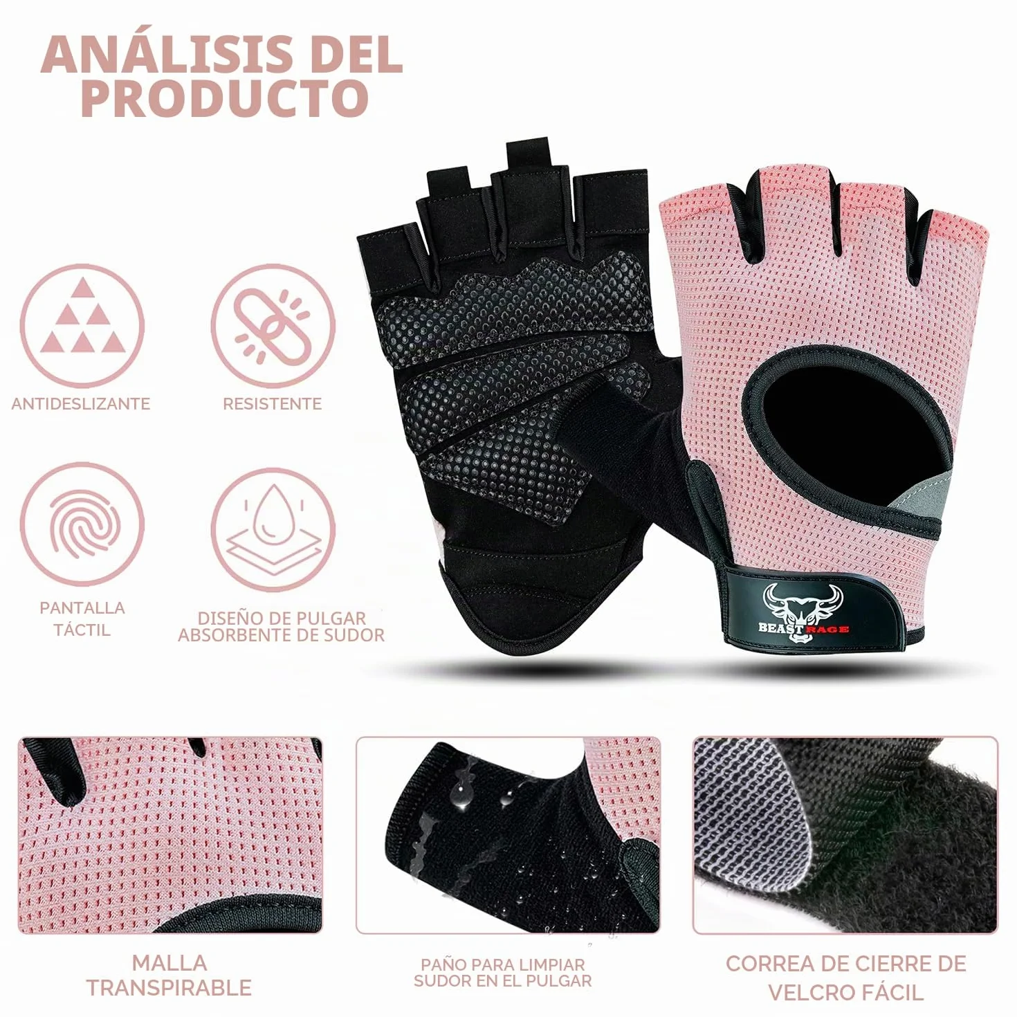 Beast Rage Guantes de Fitness para Levantamiento de Pesas, Transpirables, Antideslizantes, Acolchados de Silicona