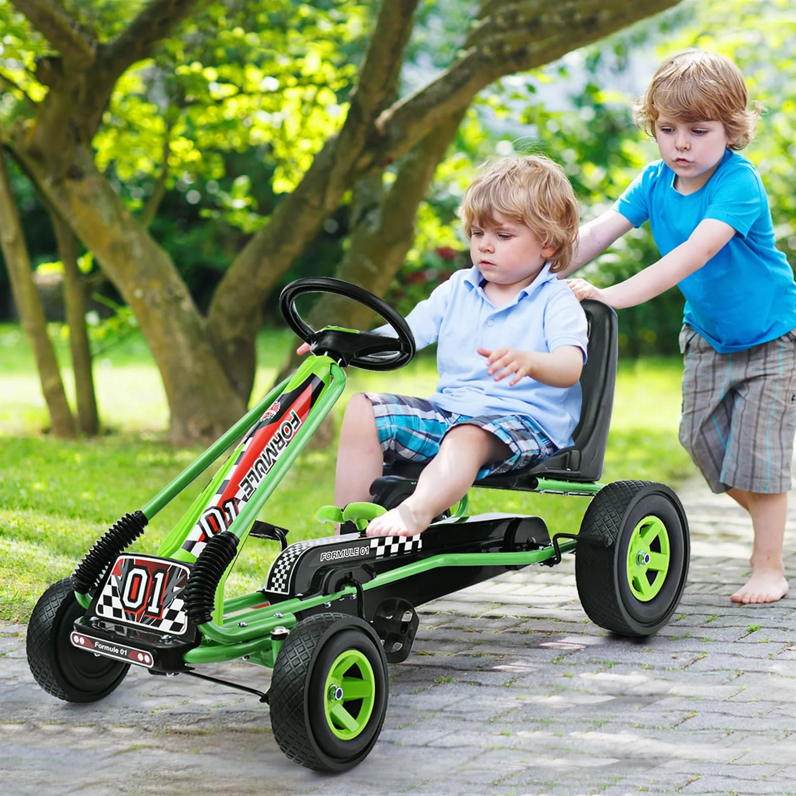 COSTWAY Go Kart Racing para Niños Coche de Pedal Asiento Ajustable con Ruedas de Goma Embrague y Freno Infantil Juguete (Verde)