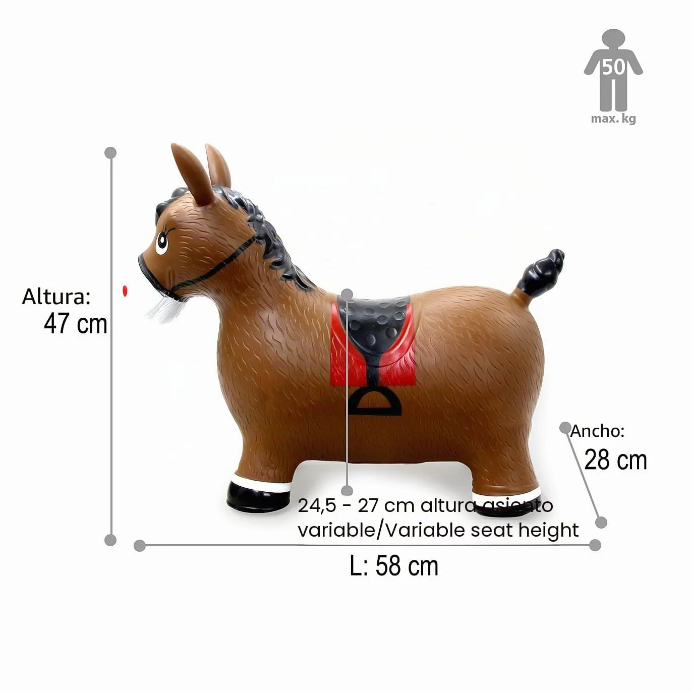 Jamara 460597 - Animal Saltarín Caballo Marrón con Bomba – Peso hasta a 50 kg, Orejas como Soporte, Resistente, Promueve el Sentido del Equilibrio, Simple de Limpiar