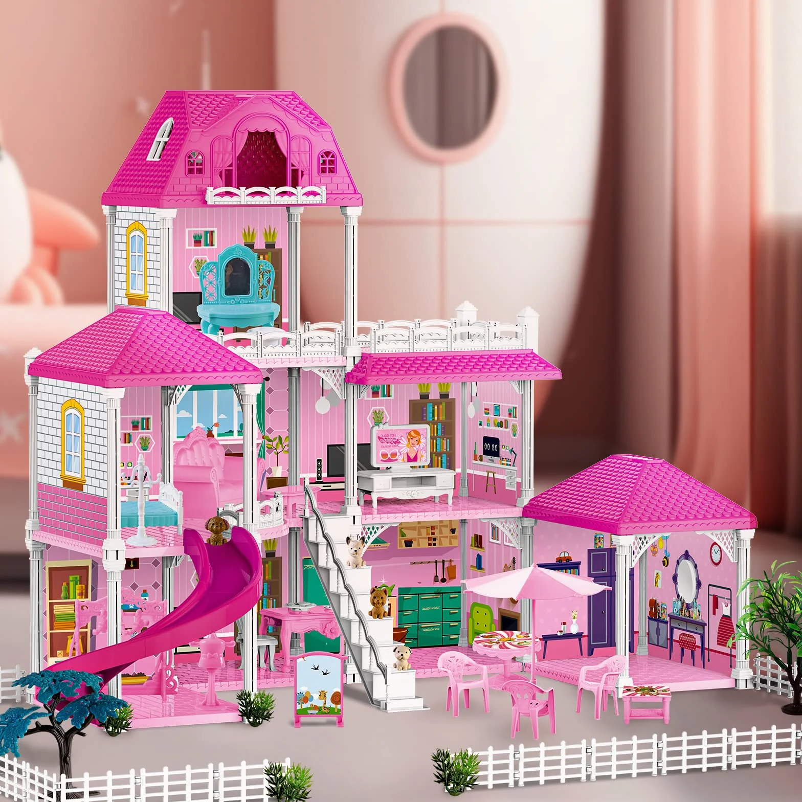 deAO Casa de Muñecas, 3-stöckige Grande Dream Doll House (83 * 52 * 63cm) con Accesorios 2 Muñecas, 4 Figuras Perros Miniatura, Muebles, Toboganes, Casita de muñecas para niñas(Dollhouse Plastico)