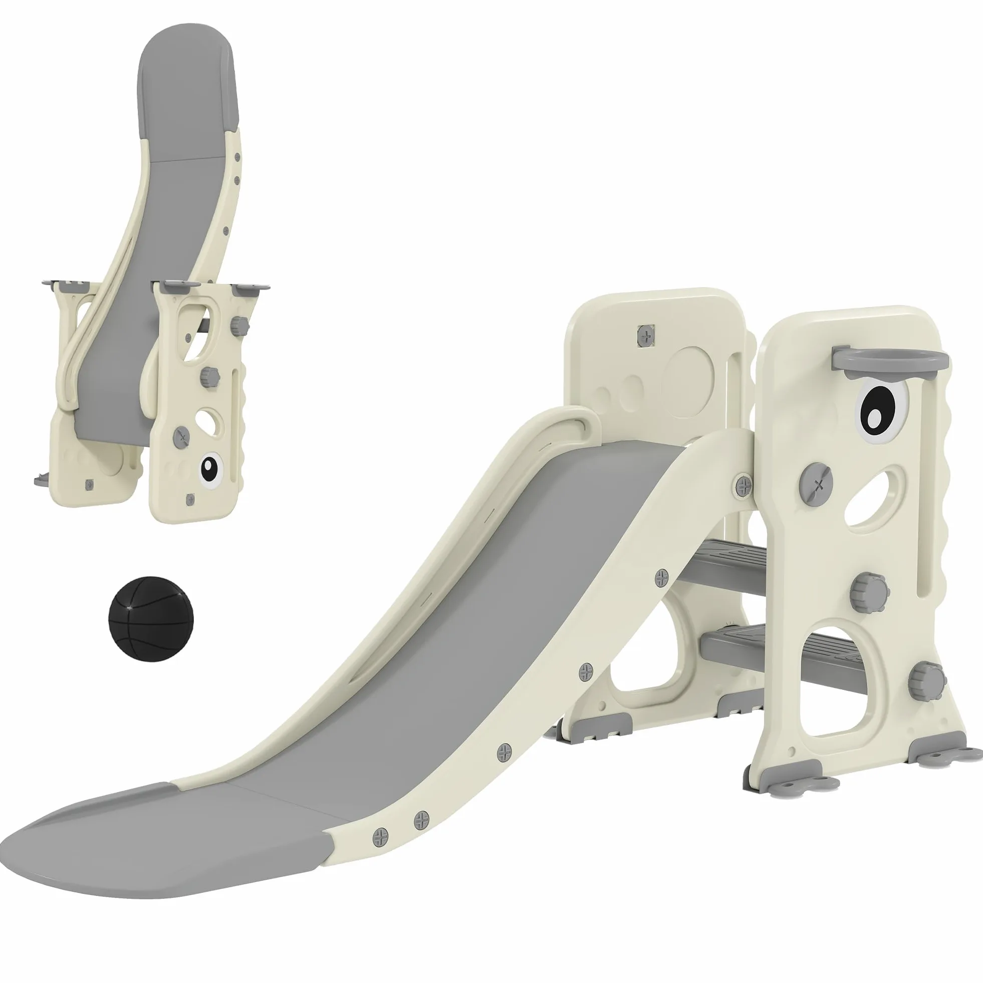 AIYAPLAY Tobogán Infantil 3 en 1 Tobogán para Niños de 2 a 5 Años Plegable con Escalera Canasta de Baloncesto Diseño de Dinosaurio y Hebillas Reforzadas para Interior 146x52x65 cm Blanco Crema