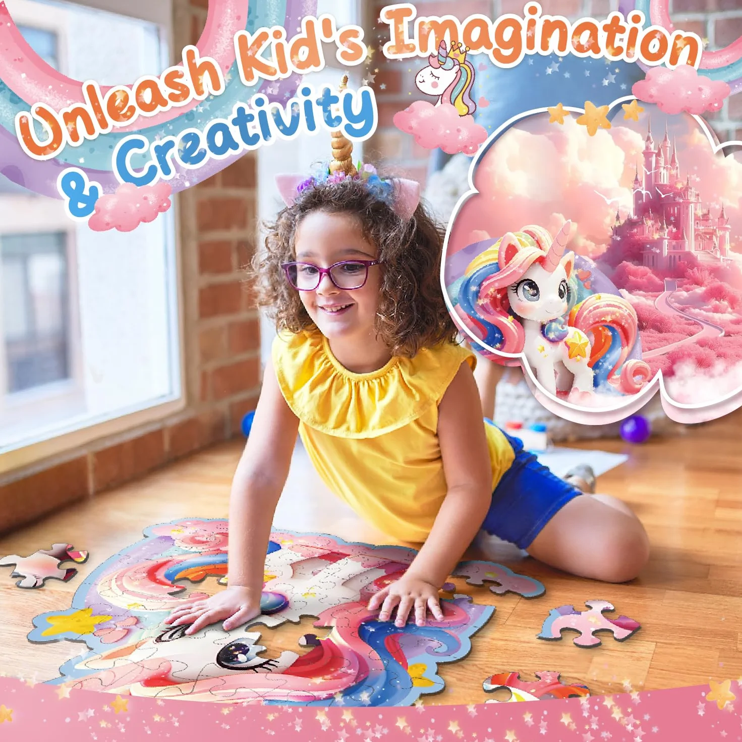 Kiztoys Puzzle de suelo de unicornio para niñas - Regalos de unicornio para niños 3 4 5 6 7 8 años 45 piezas grandes bonitos rompecabezas rosa juguete a partir de 3 – 8 años