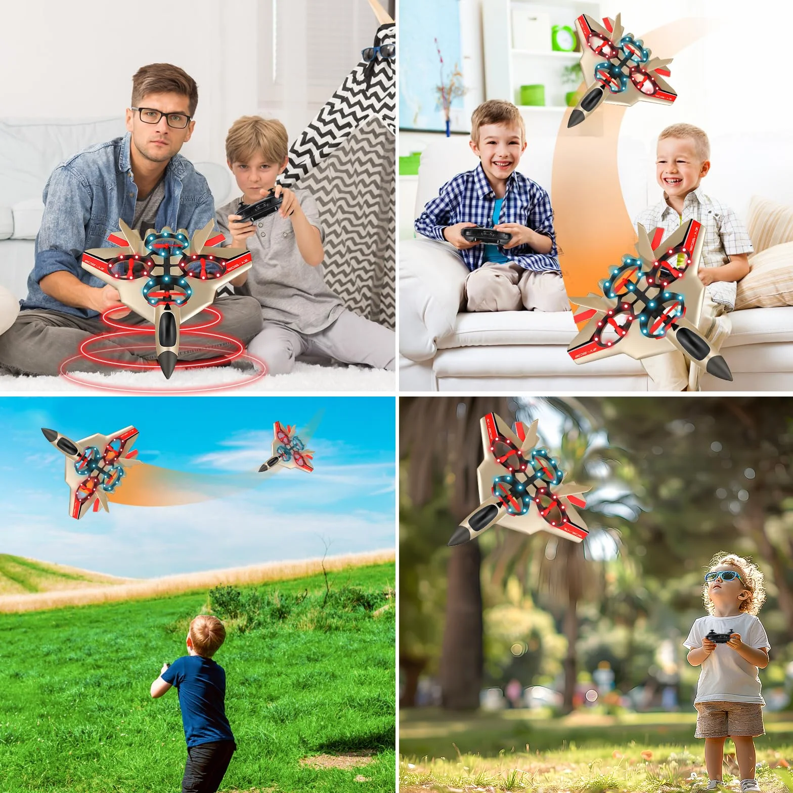 JONRRYIN Avión Teledirigido, 2.4 GHz Aviones de Radiocontrol con Baterías y Estabilizador de Giroscopio de 4 Ejes, Avión RC Juguete con Luz LED para Principiantes Niños Adultos (Gold)