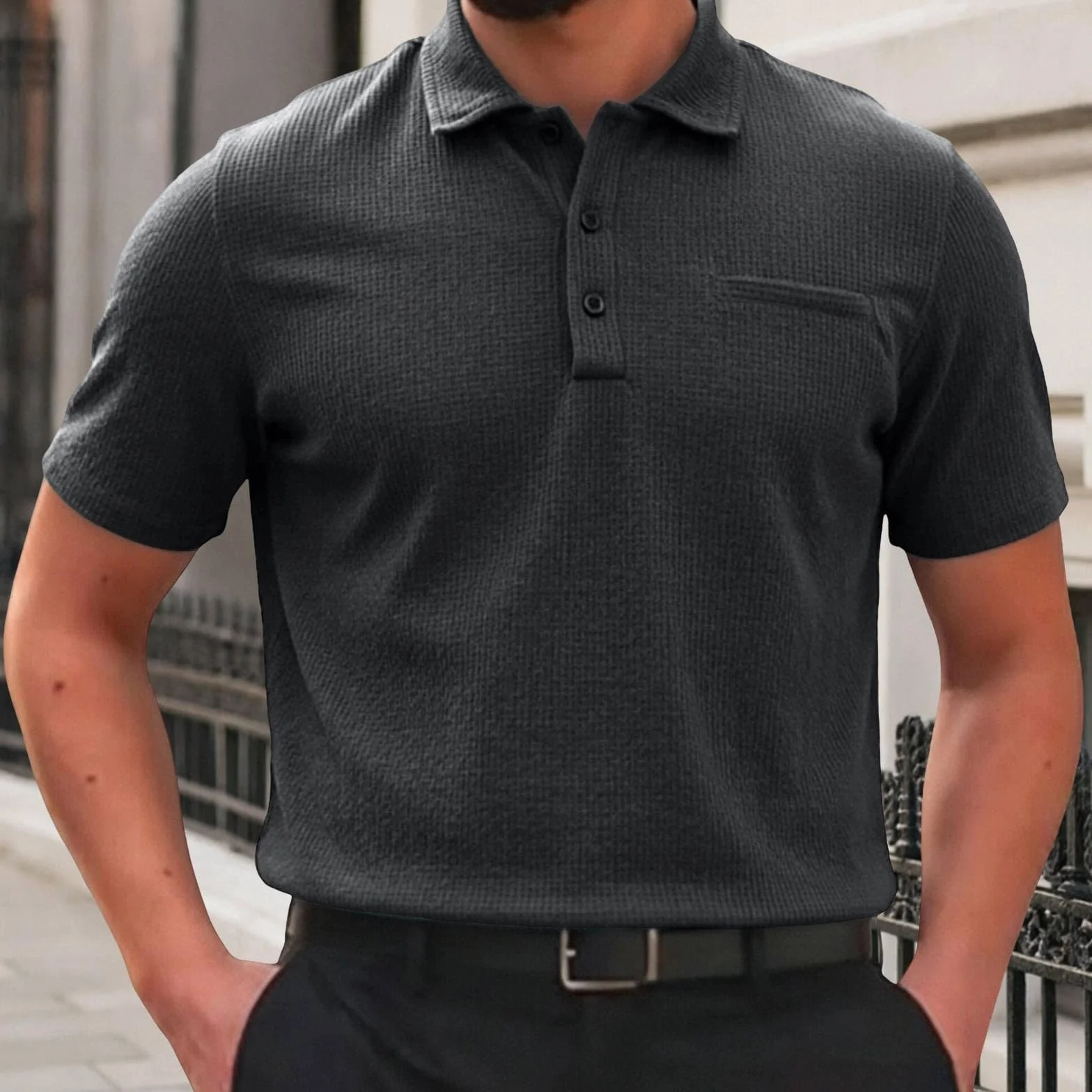 Polo Breeze para Hombre con Ajuste para Barriga Cervecera, Elástica, Secado Rápido, Manga Corta Cuello Texturizado para Golf y Casual