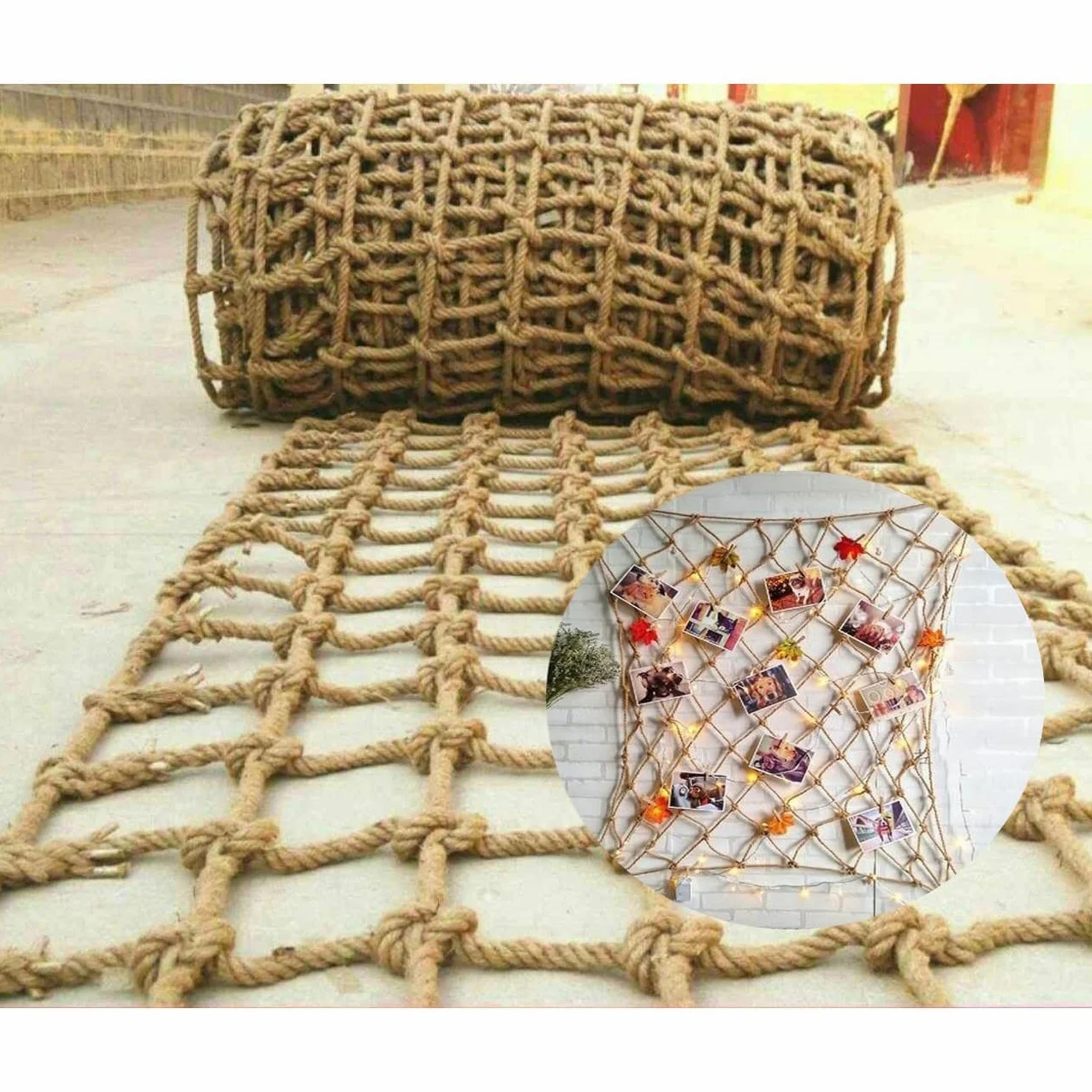 Red de Cuerda Decorativa,Red de Cáñamo y Yute con Decoración Natural,Cuerda de Cáñamo de 6 mm de Grosor,Red Protectora para Balcones, Escaleras, Vallas, Jardines y Zonas de (Size:1mx9m(3.2x29.5ft))