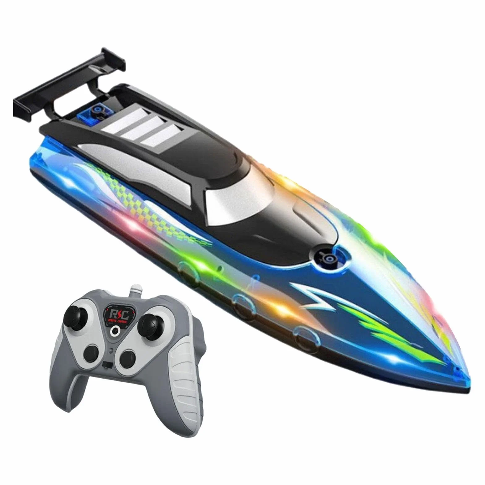 Lancha Teledirigida para Juegos Acuáticos, Embarcación Radiocontrolada para Niños, Modelo de Barco Rápido E Impermeable con Iluminación Integrada, Azul