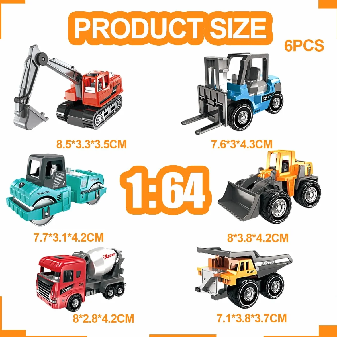 Camiones de Construcción Juguetes, 6PCS Camiones Juguetes, Mini Coches Vehículos de Construcción, Set de Vehículos Push and Go con Grúa, Excavadora, Educación Regalos
