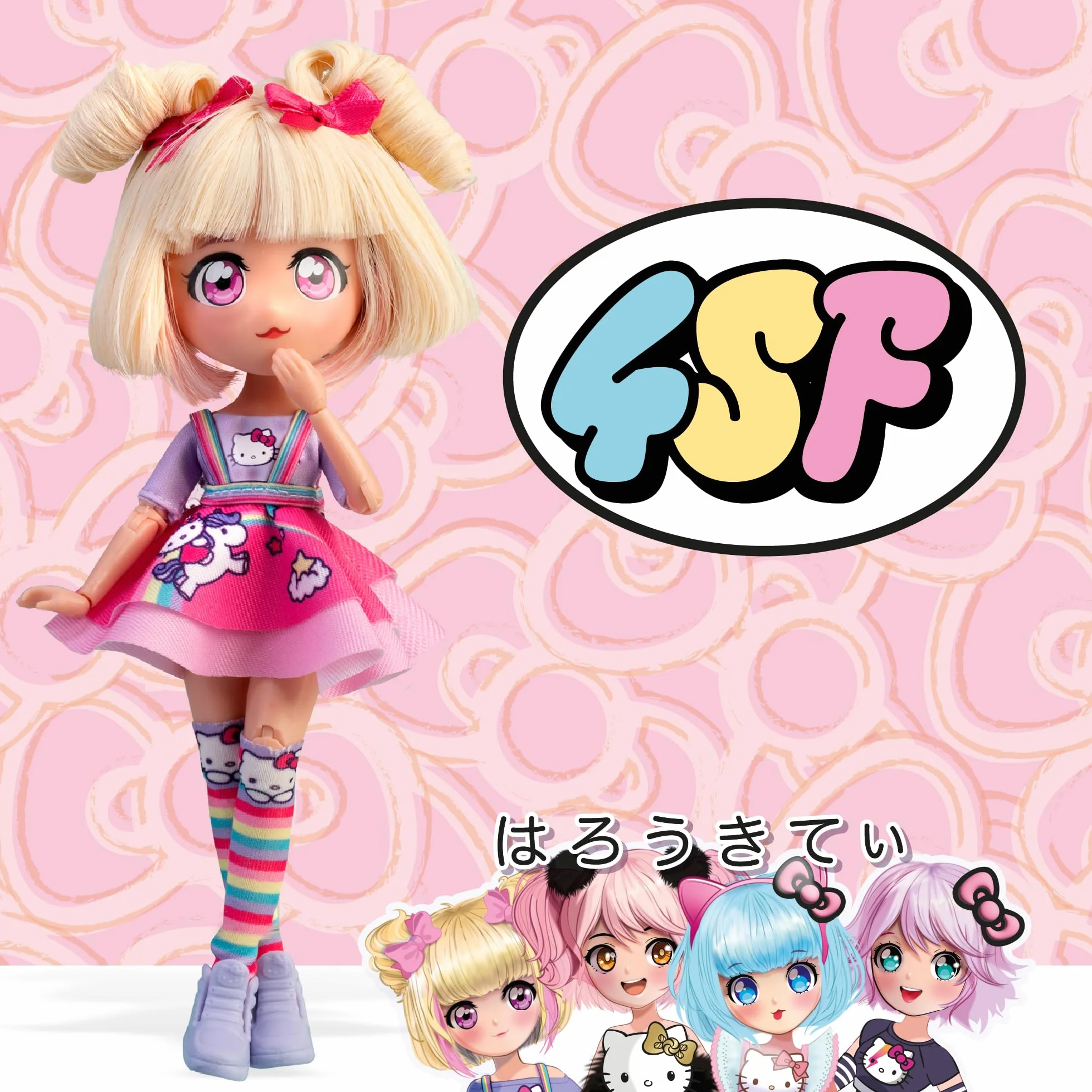 4SF - Hello Kitty Manga Doll Candy Unicorn, Muñeca Fashion Japonesa con Looks a la Moda Manga, Figura de 19,5 cm con 15 Puntos de Articulación, Pelo Rubio, Accesorios Incluidos, Famosa (HKTF0400)