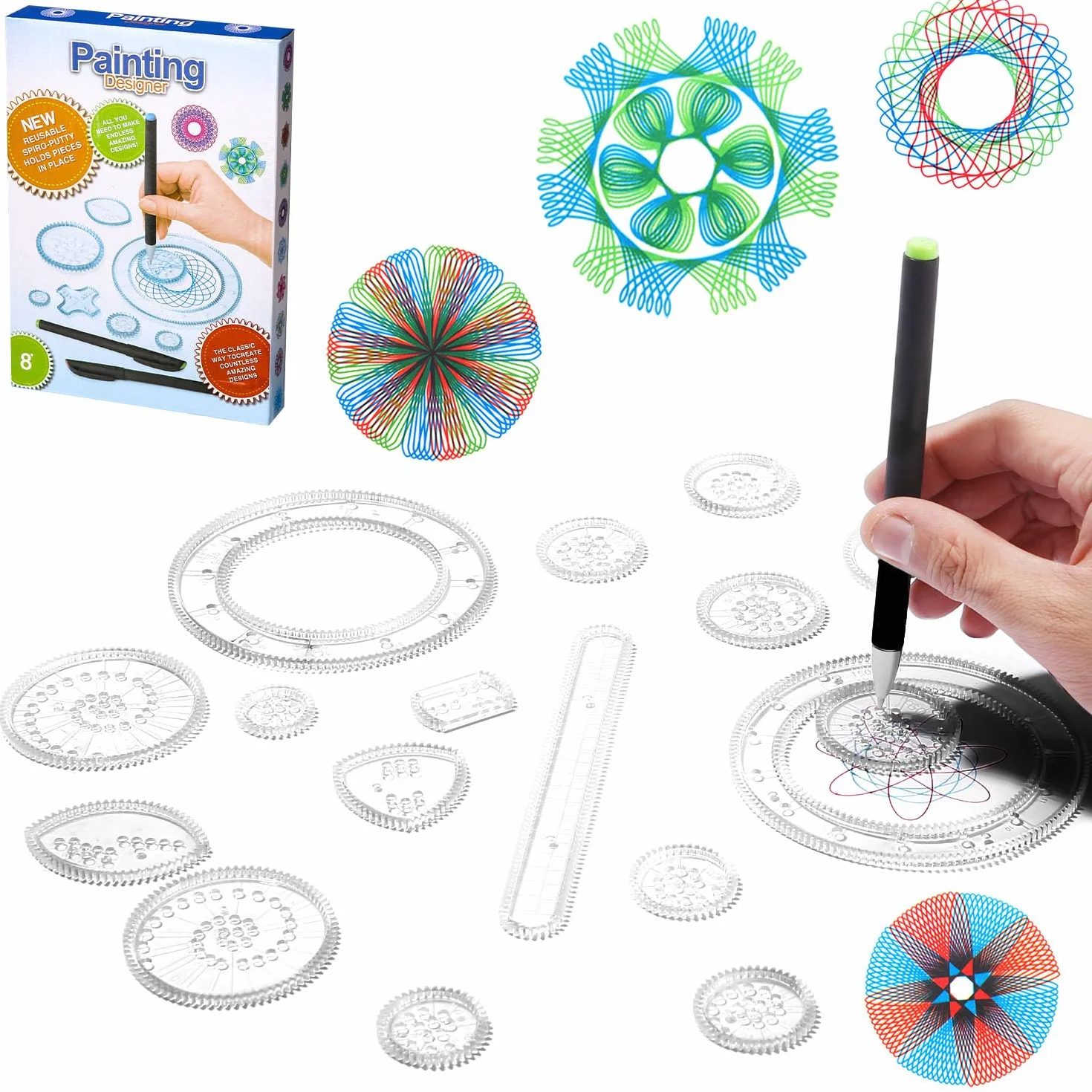 LEAZZLE Spirograph, Juego de Espiral, 28 Piezas Juego de Regla de Dibujo de Engranajes, Espirografo Niñosa, Juego Creativo de Mandalas,Spirograph Deluxe Set, Juegos para Pintar Niños y Adultos