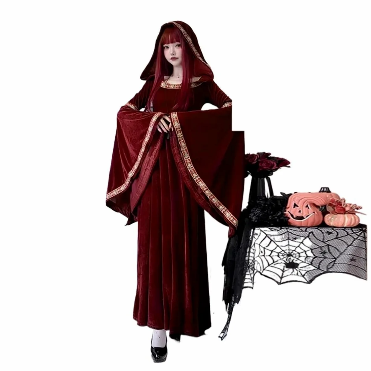 Vestido vintage de bruja Disfraz de vampiro medieval vintage for mujer adulta, vestido bruja largo con sombrero rojo, accesorios escenario