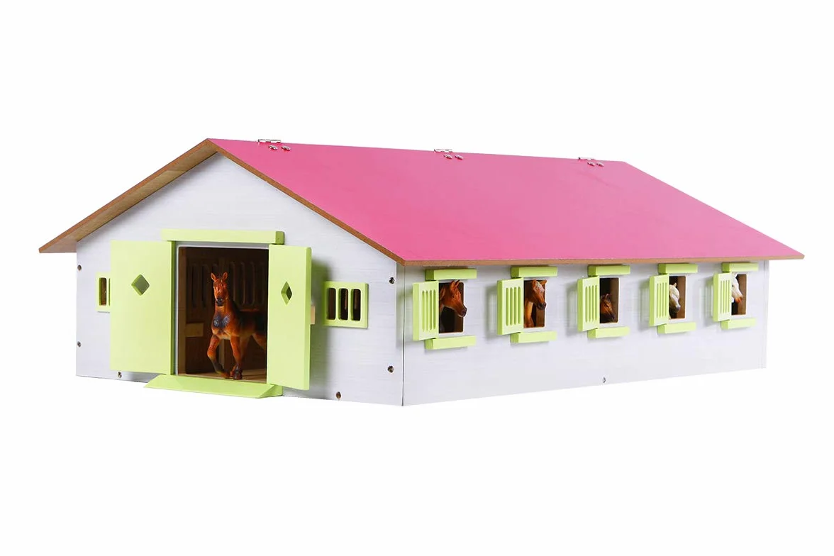 Van Manen Kids Globe Farming Granja Ecuestre con 9 establos, Caballo, cuadra de Madera con Techo Plegable, 610188, Color Rosa